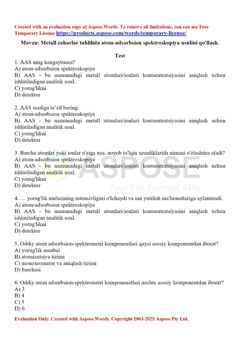 11. Metall zaharlar tahlilida atom-adsorbsion spektroskopiya usulini qo'llash. Test 15 ta. 1