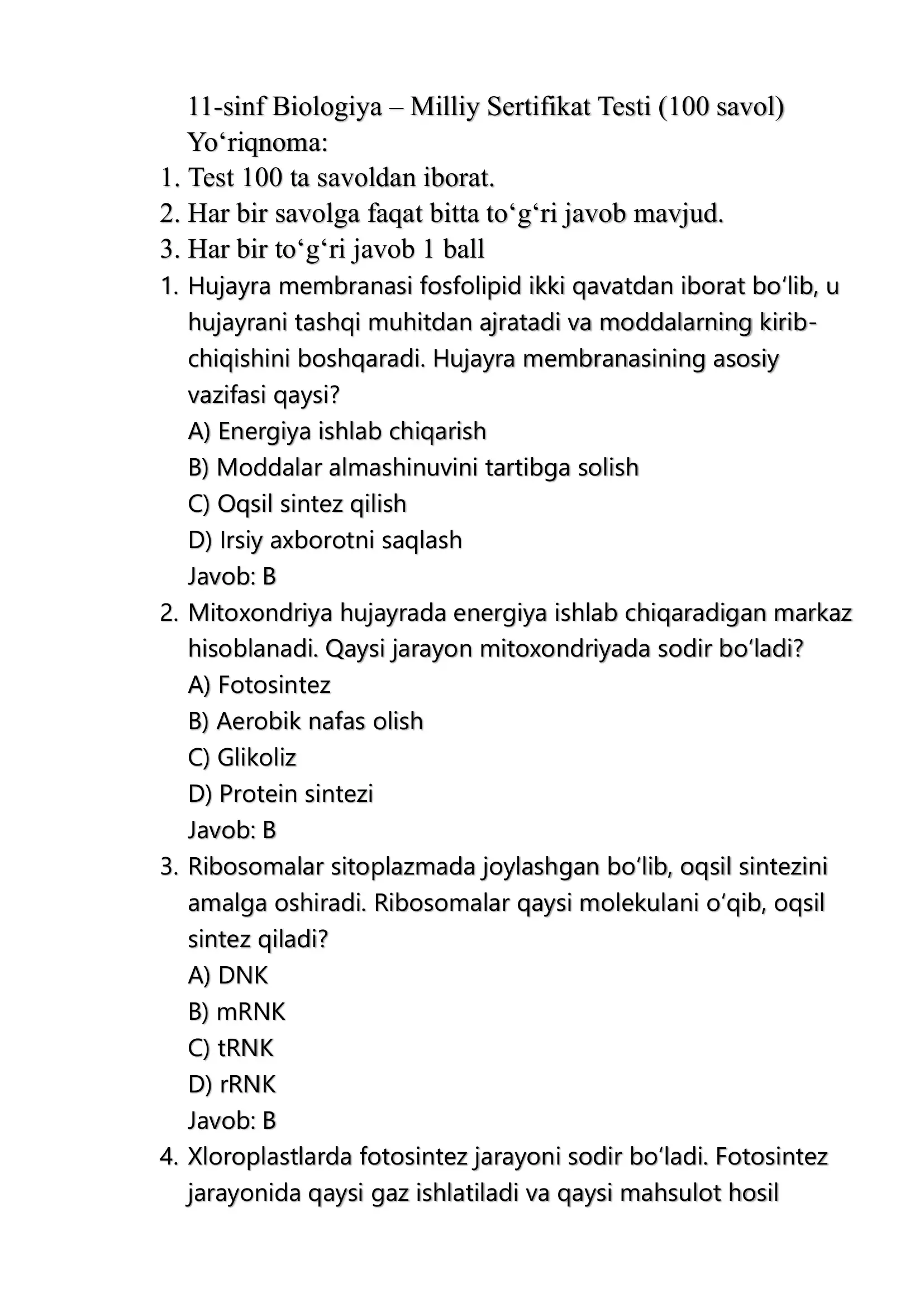 11-sinf Biologiya – Milliy Sertifikat Testi (100 savol) 1