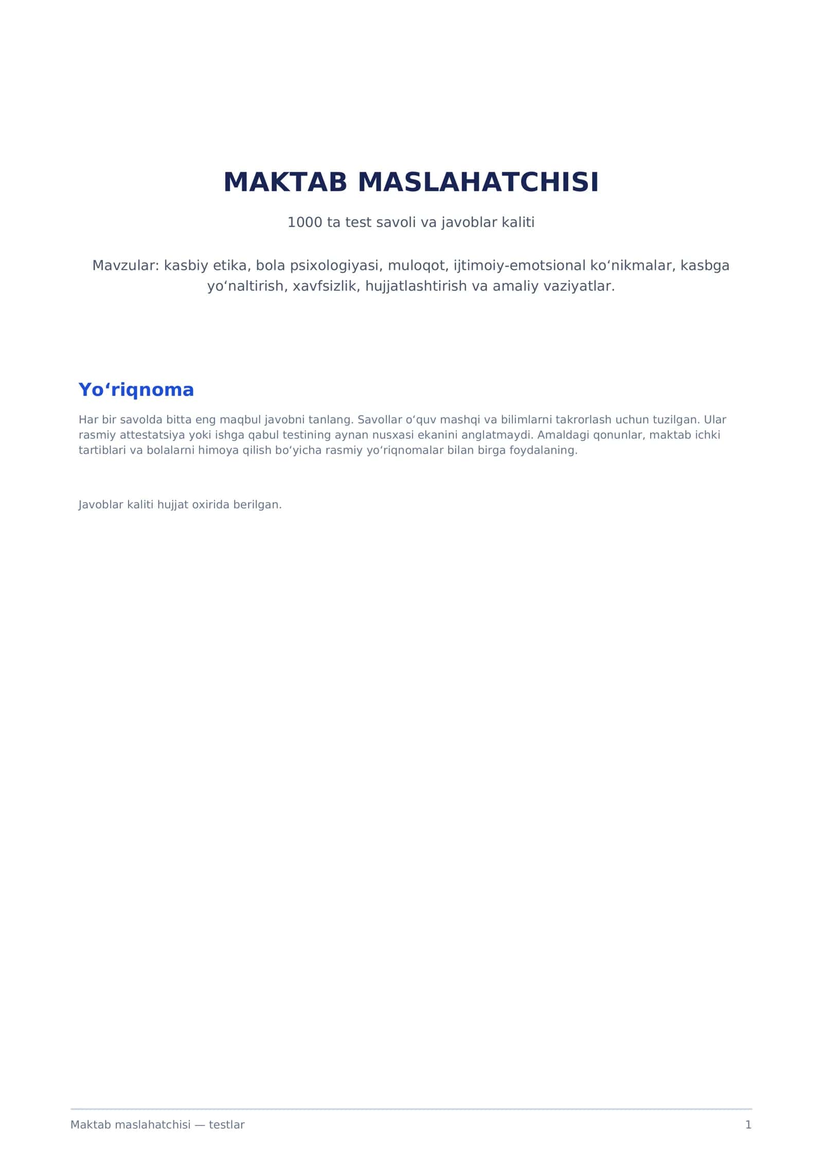 Maktab maslahatchisi uchun 1000 ta test savoli va javoblari 1