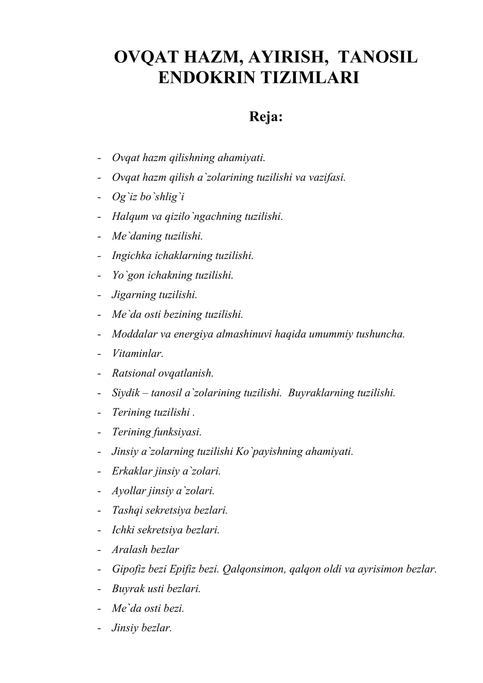 OVQAT HAZM, AYIRISH, TANOSIL ENDOKRIN TIZIMLARI 1