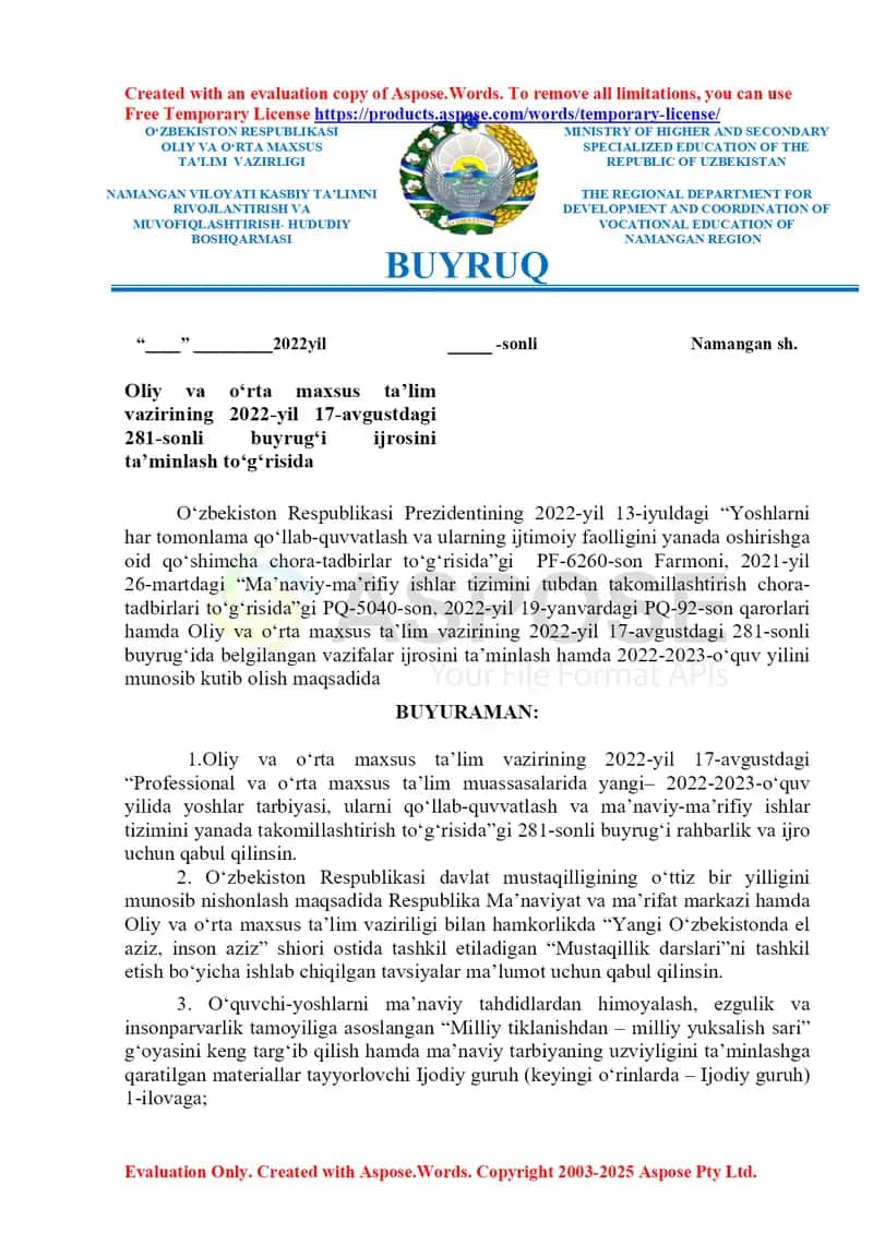 Oliy va o‘rta maxsus ta’lim vazirining 2022-yil 17-avgustdagi 281-sonli buyrug‘i ijrosini ta’minlash bo‘yicha hujjat 1