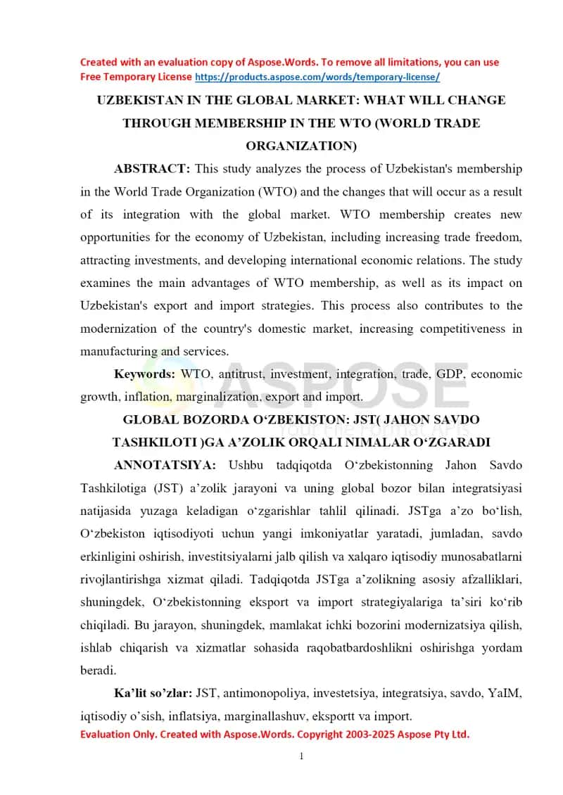 Uzbekistan in the Global Market: What Will Change Through Membership in the WTO (World Trade Organization) 1