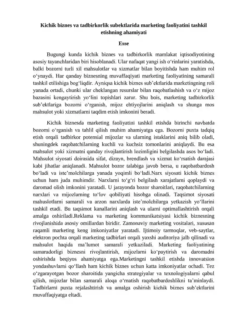 Esse. Kichik biznes va tadbirkorlik subʼektlarida marketing faoliyatini tashkil etish.
