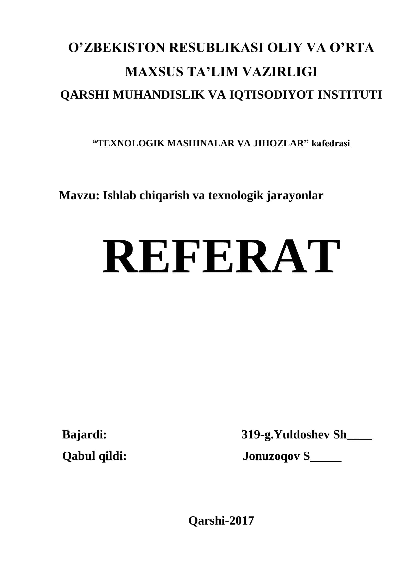 Ishlab chiqarish va texnologik jarayonlar 1