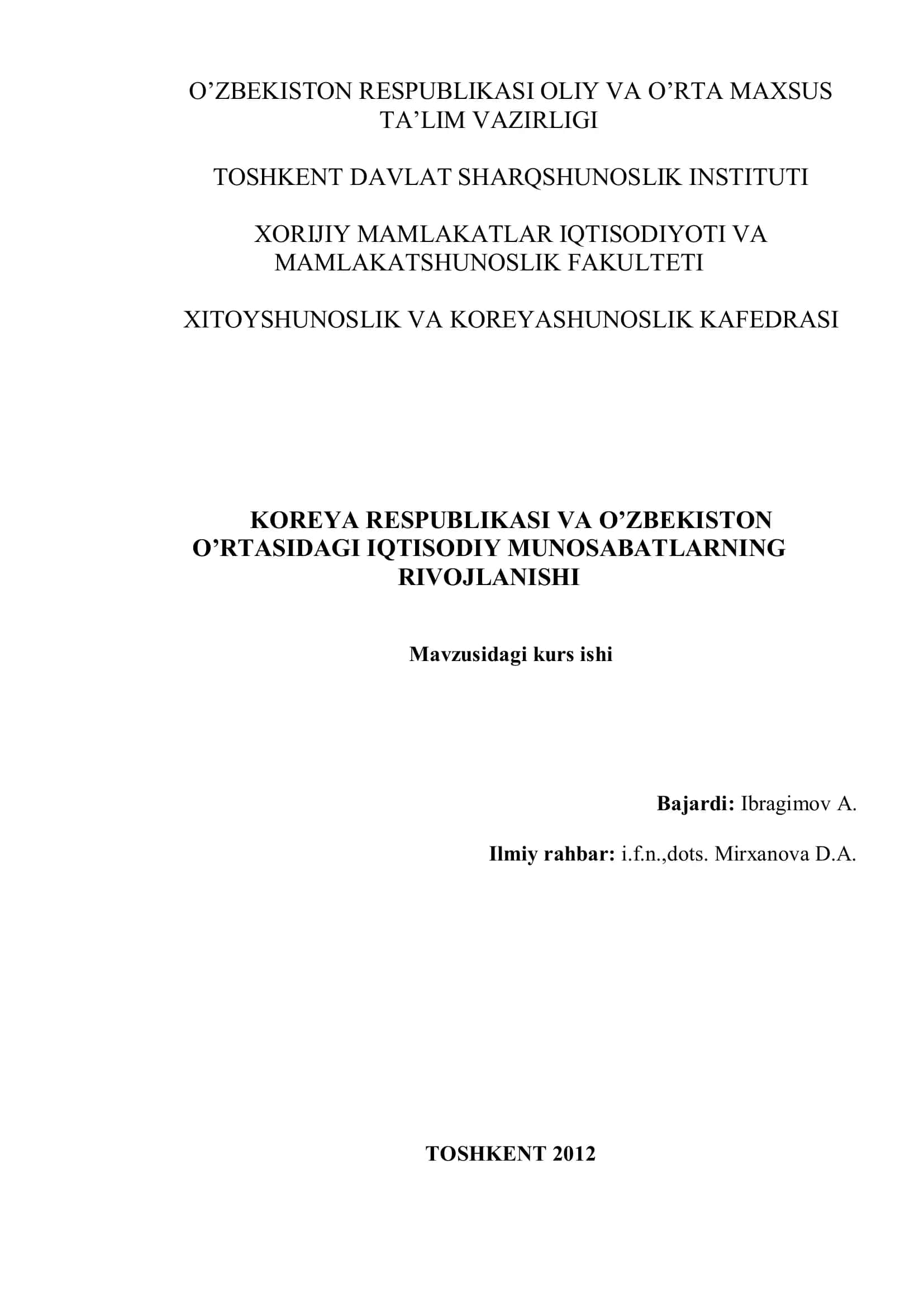 Koreya Respublikasi va O’zbekiston Respublikasi munosabatlari 1