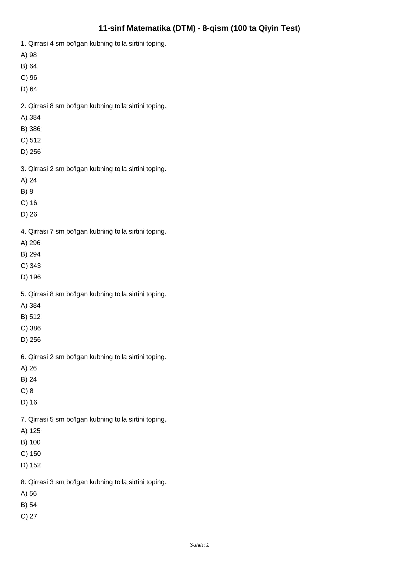 11-sinf Matematika (DTM) - 8-qism (100 ta Qiyin Test) 1