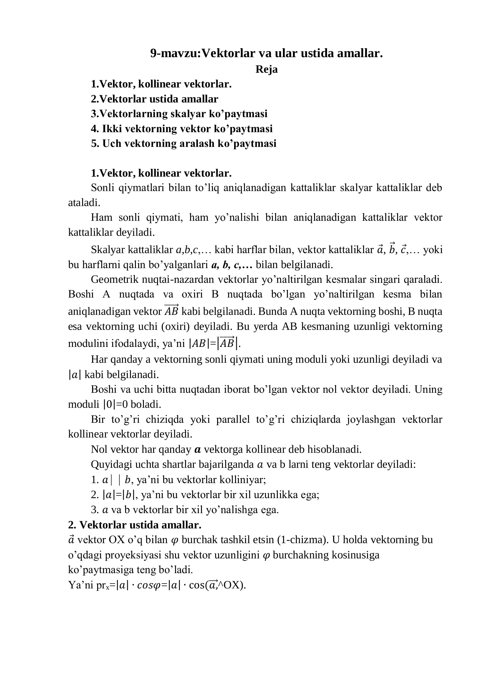 Vektorlar va ular ustida amallar 1