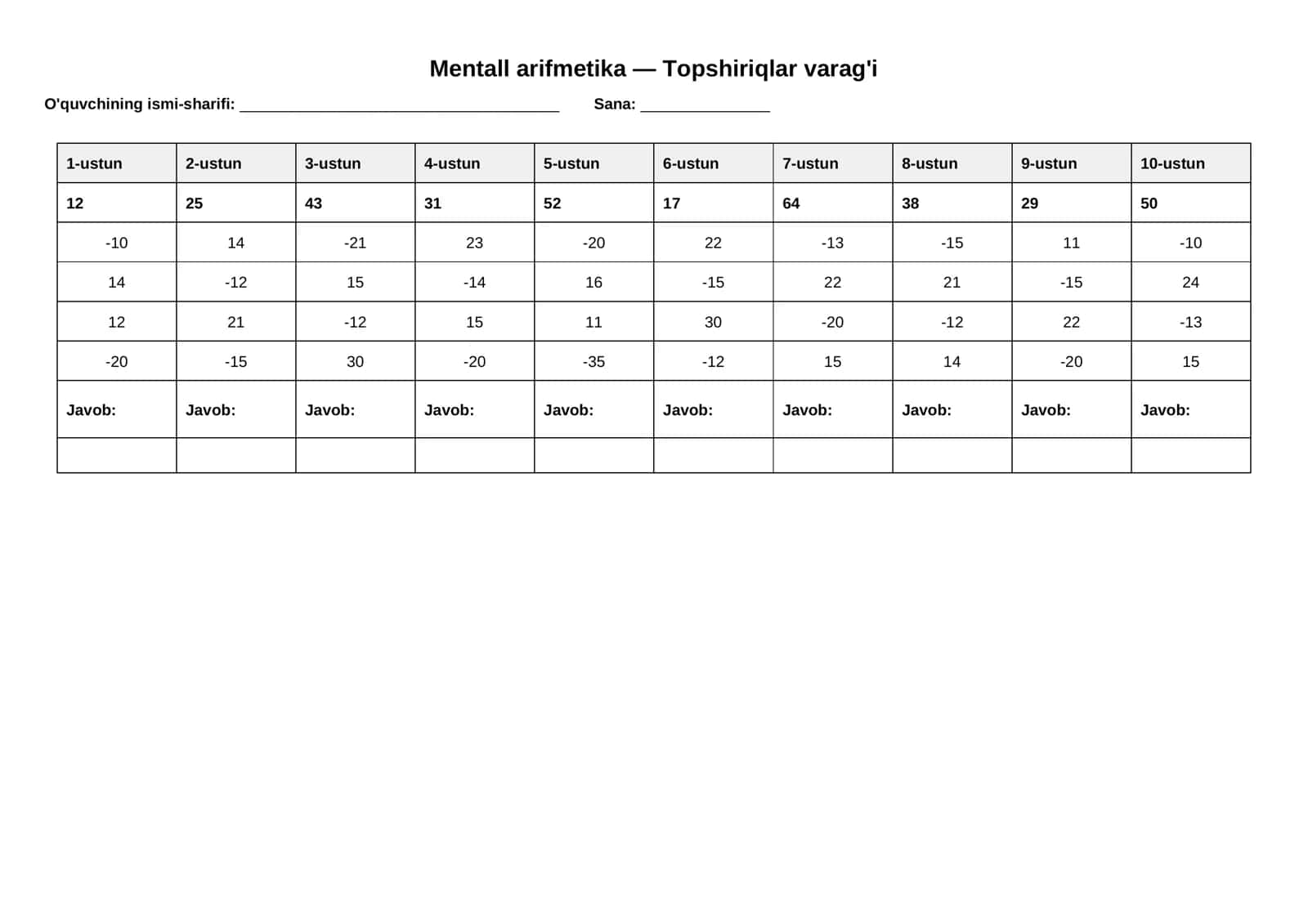 Mentall arifmetika — Topshiriqlar varag'i 1