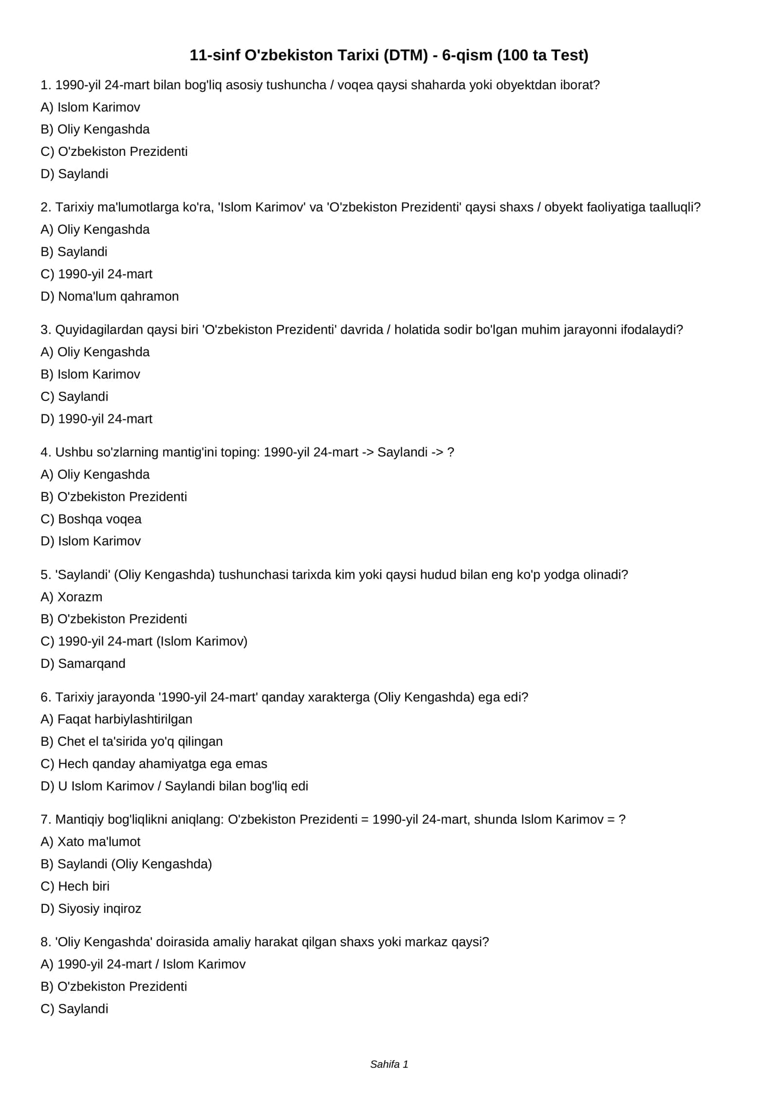 11-sinf O'zbekiston Tarixi (DTM) - 6-qism (100 ta Test) 1