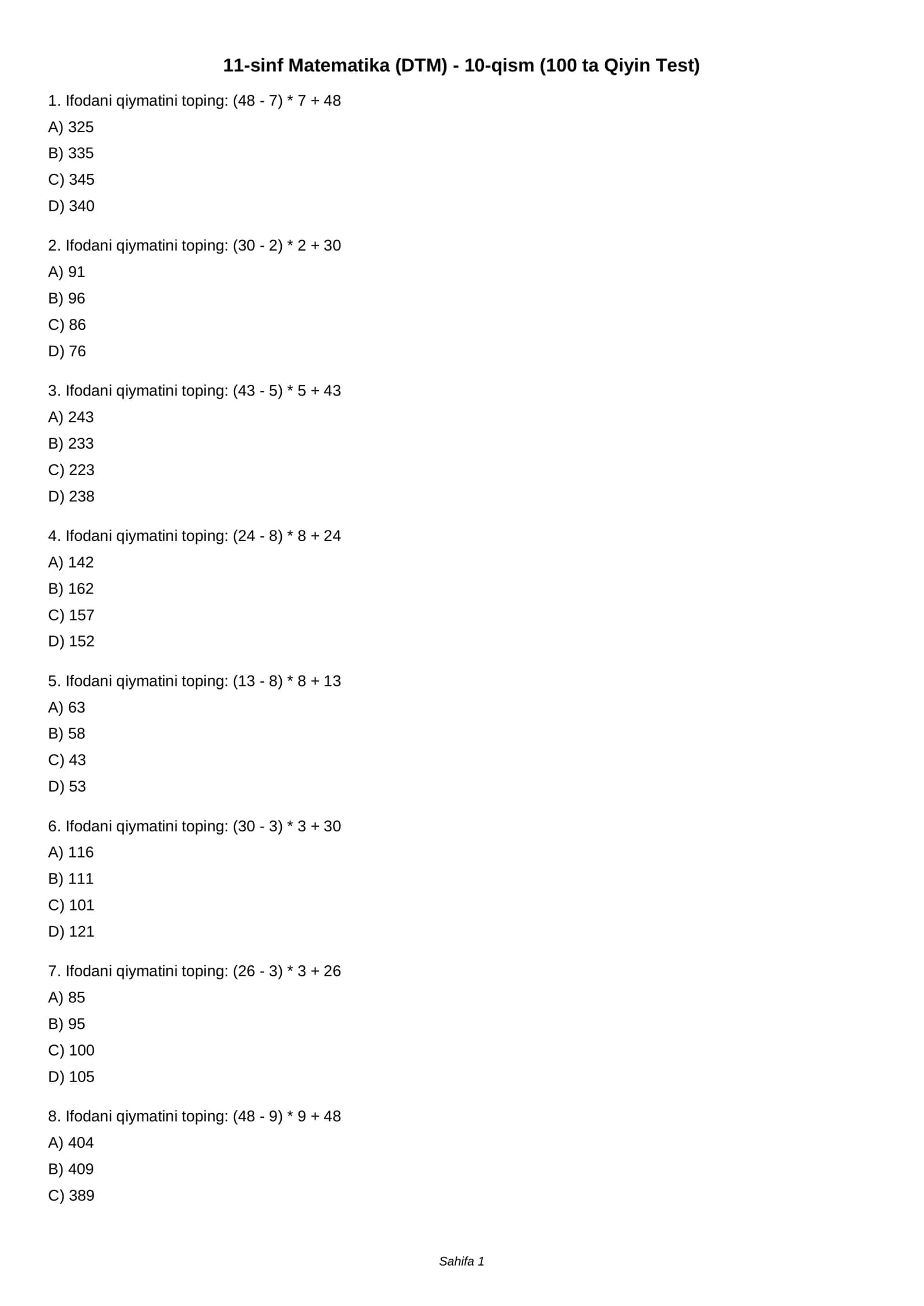 11-sinf Matematika (DTM) - 10-qism (100 ta Qiyin Test) 1