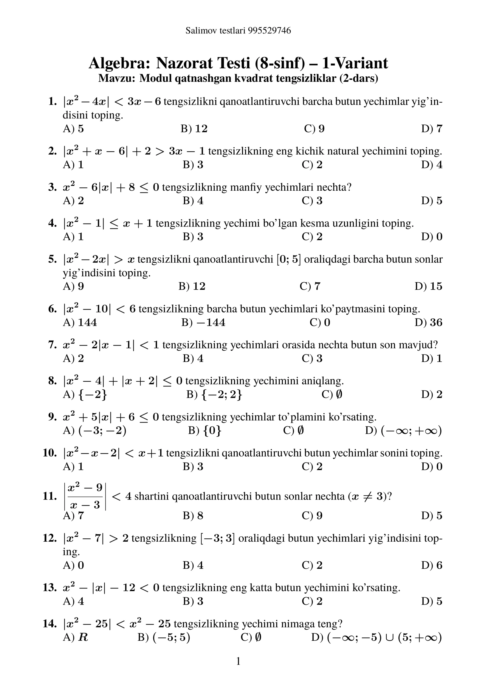 Algebra: Nazorat Testi (8-sinf) – 1-Variant 1
