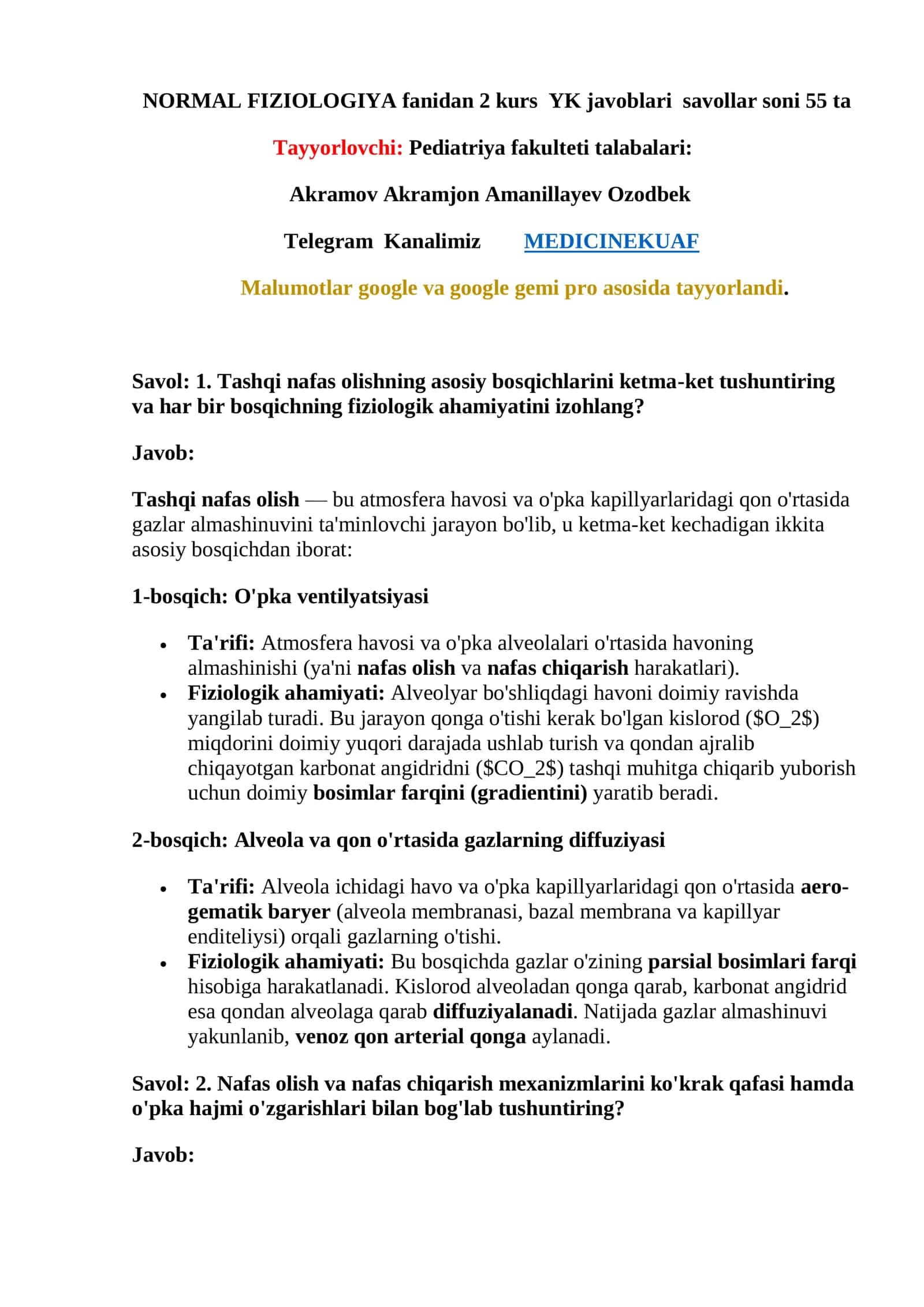 NORMAL FIZIOLOGIYA fanidan 2 kurs YK javoblari savollar 1