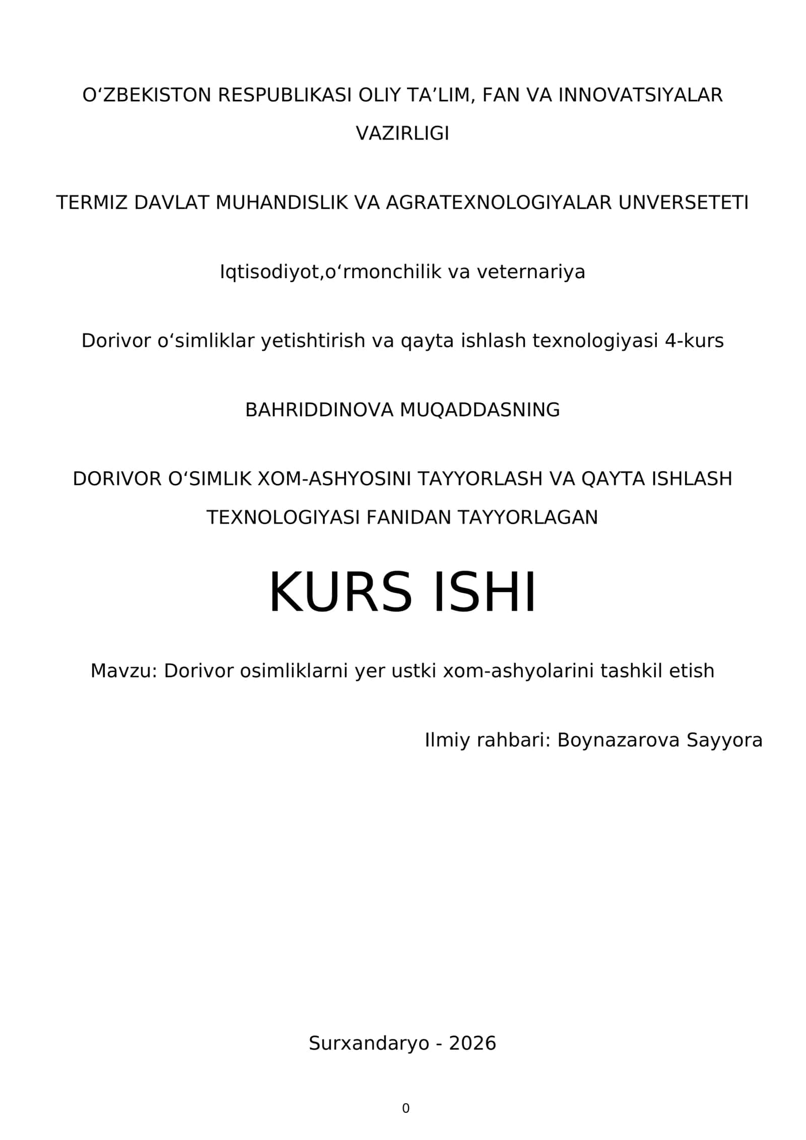 Dorivor o'simliklar va qayta ishlash texnologiyasi 4-kurs 1