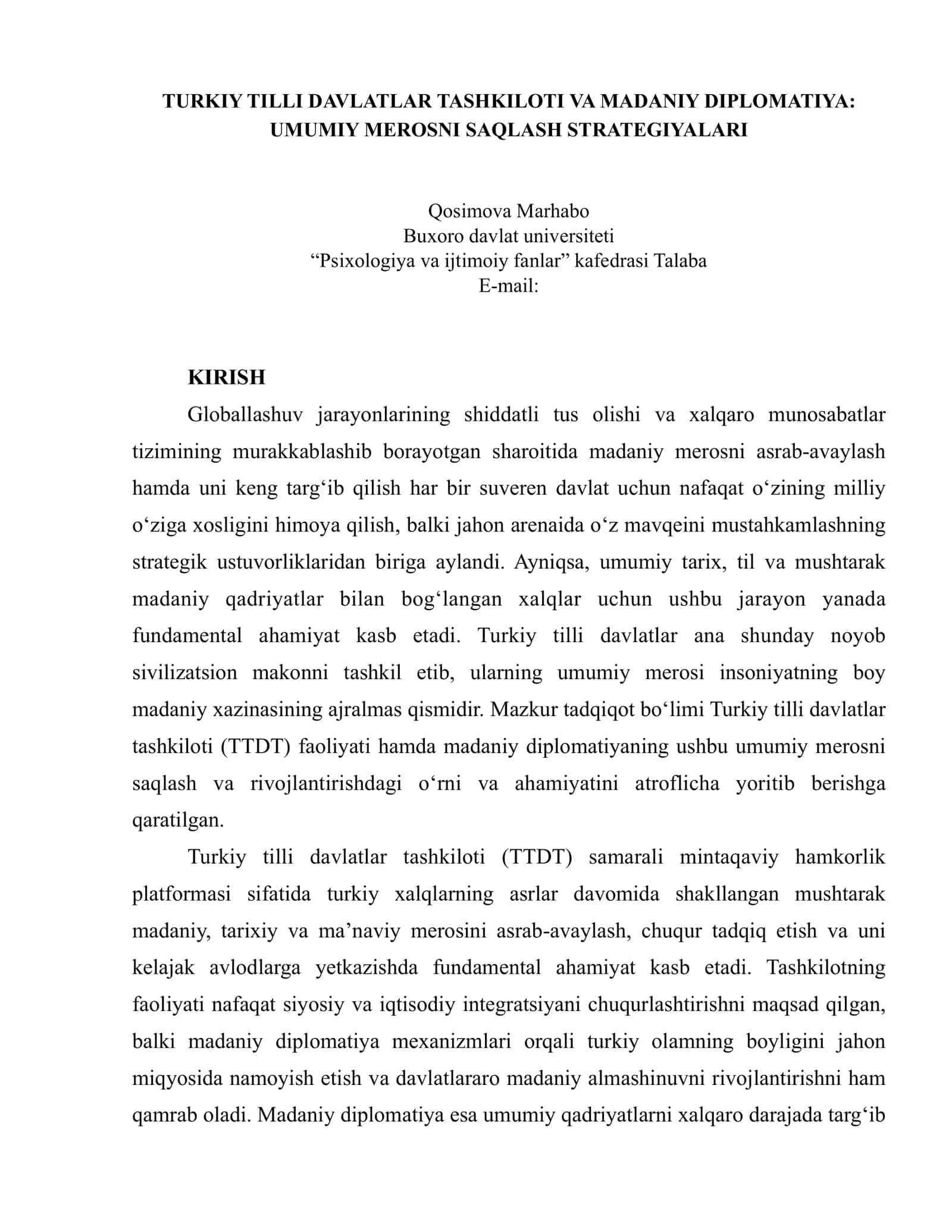 TURKIY TILLI DAVLATLAR TASHKILOTI VA MADANIY DIPLOMATIYA: UMUMIY MEROSNI SAQLASH STRATEGIYALARI 1