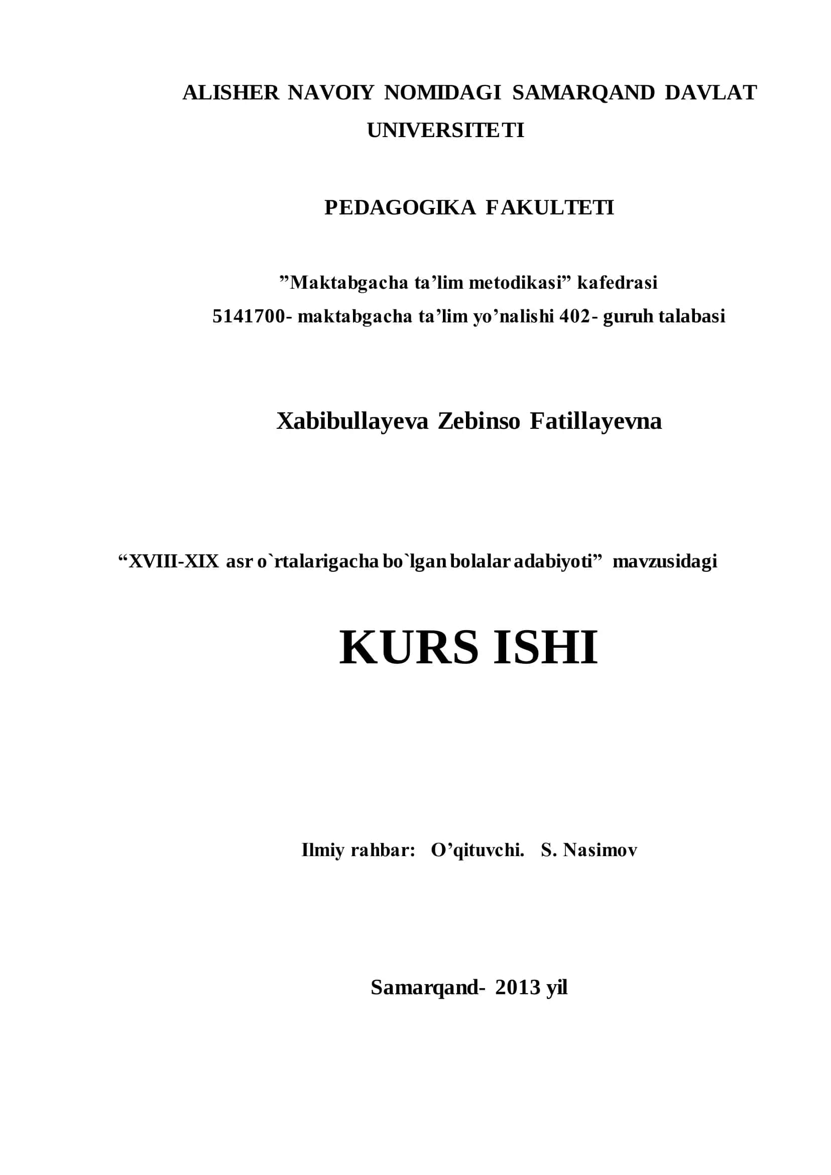 XVIII-XIX asr o`rtalarigacha bo`lgan bolalar adabiyoti 1