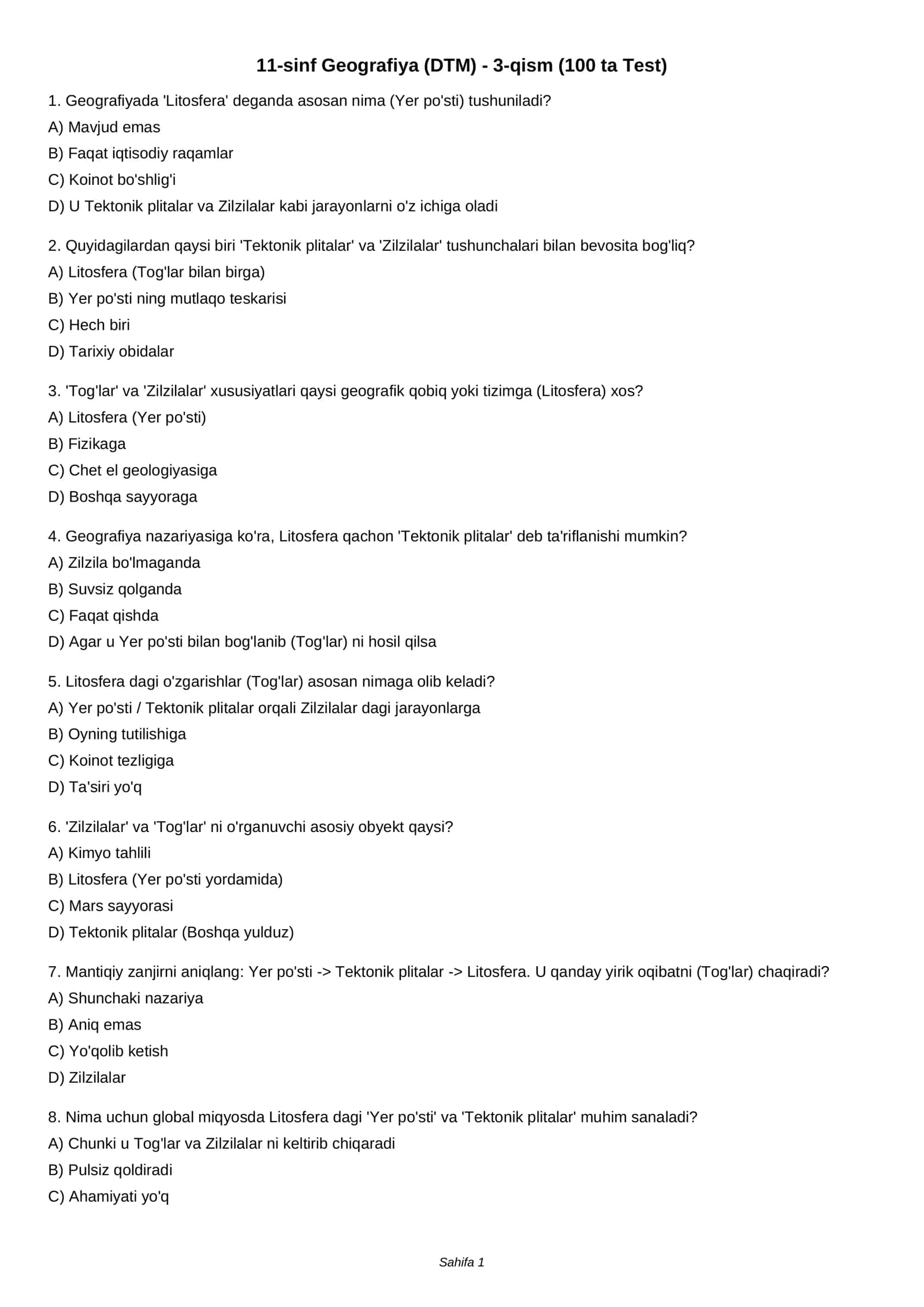 11-sinf Geografiya (DTM) - 3-qism (100 ta Test) 1