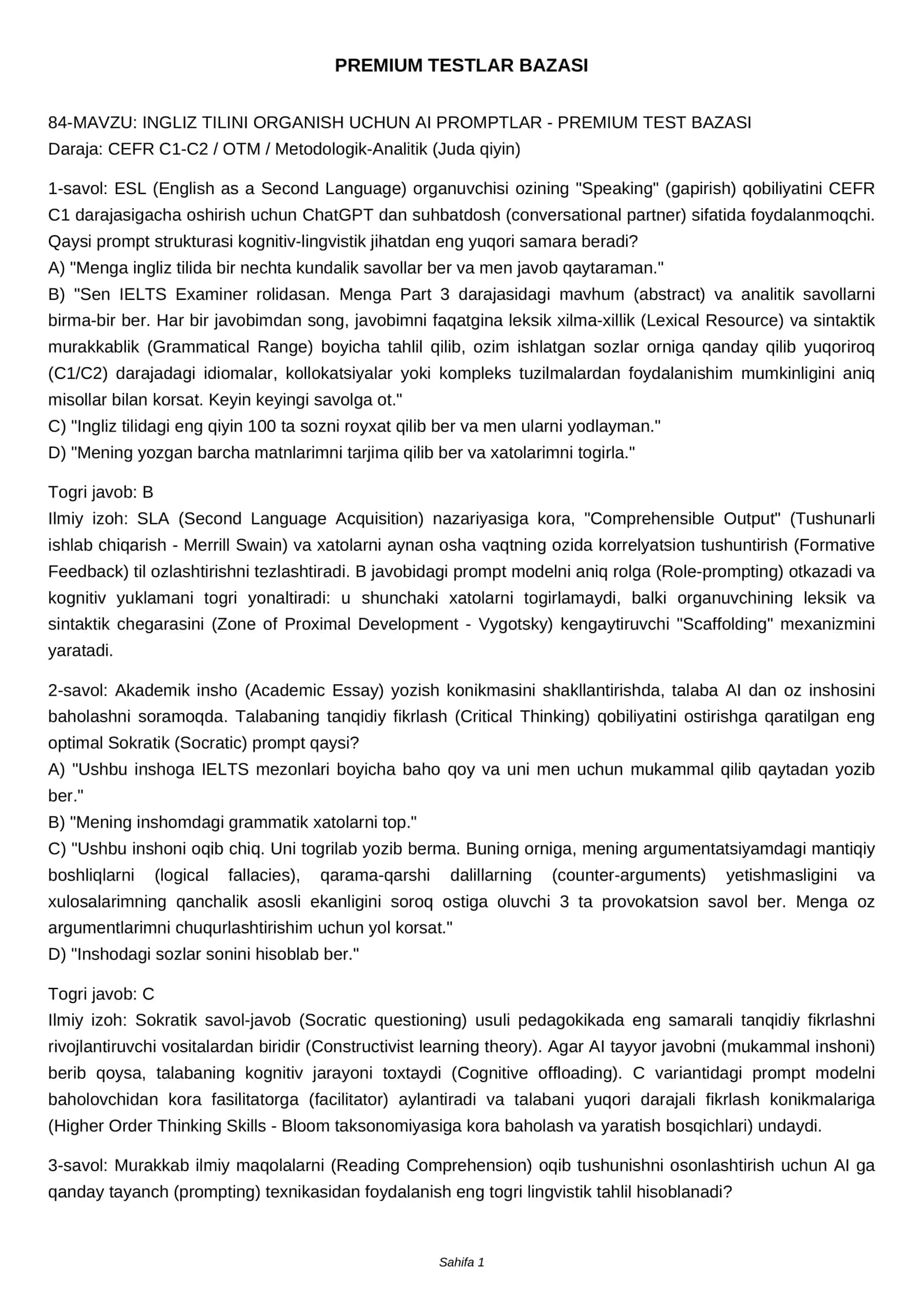 INGLIZ TILINI ORGANISH UCHUN AI PROMPTLAR - PREMIUM TEST BAZASI 1