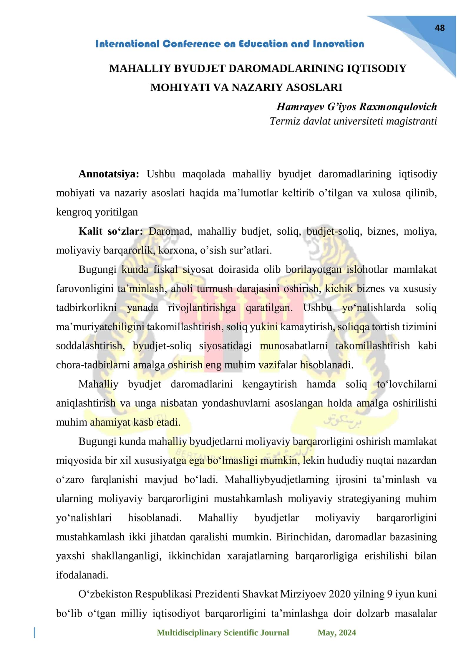 MAHALLIY BYUDJET DAROMADLARINING IQTISODIY MOHIYATI VA NAZARIY ASOSLARI 1
