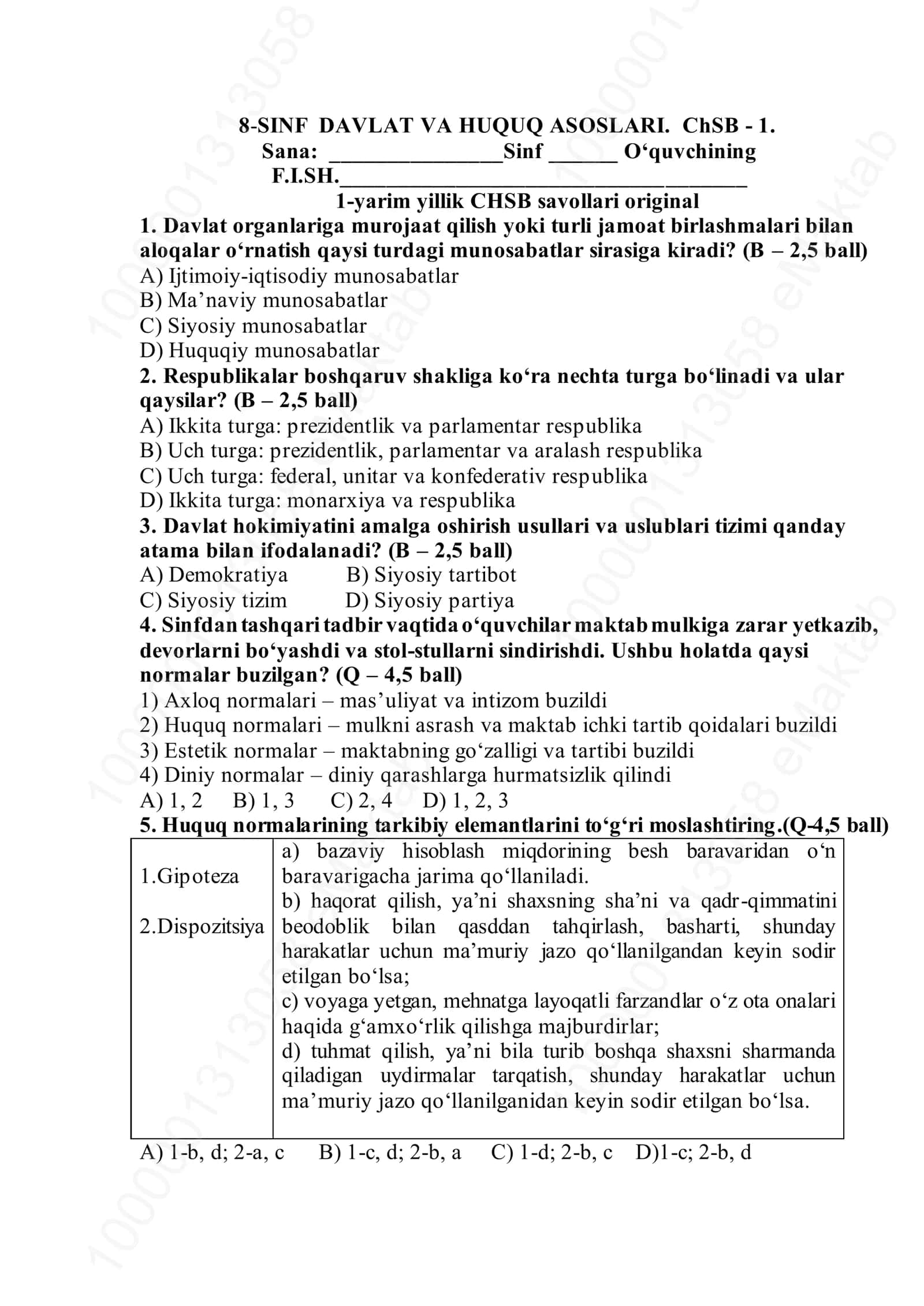 8-SINF DAVLAT VA HUQUQ ASOSLARI. ChSB - 1 1