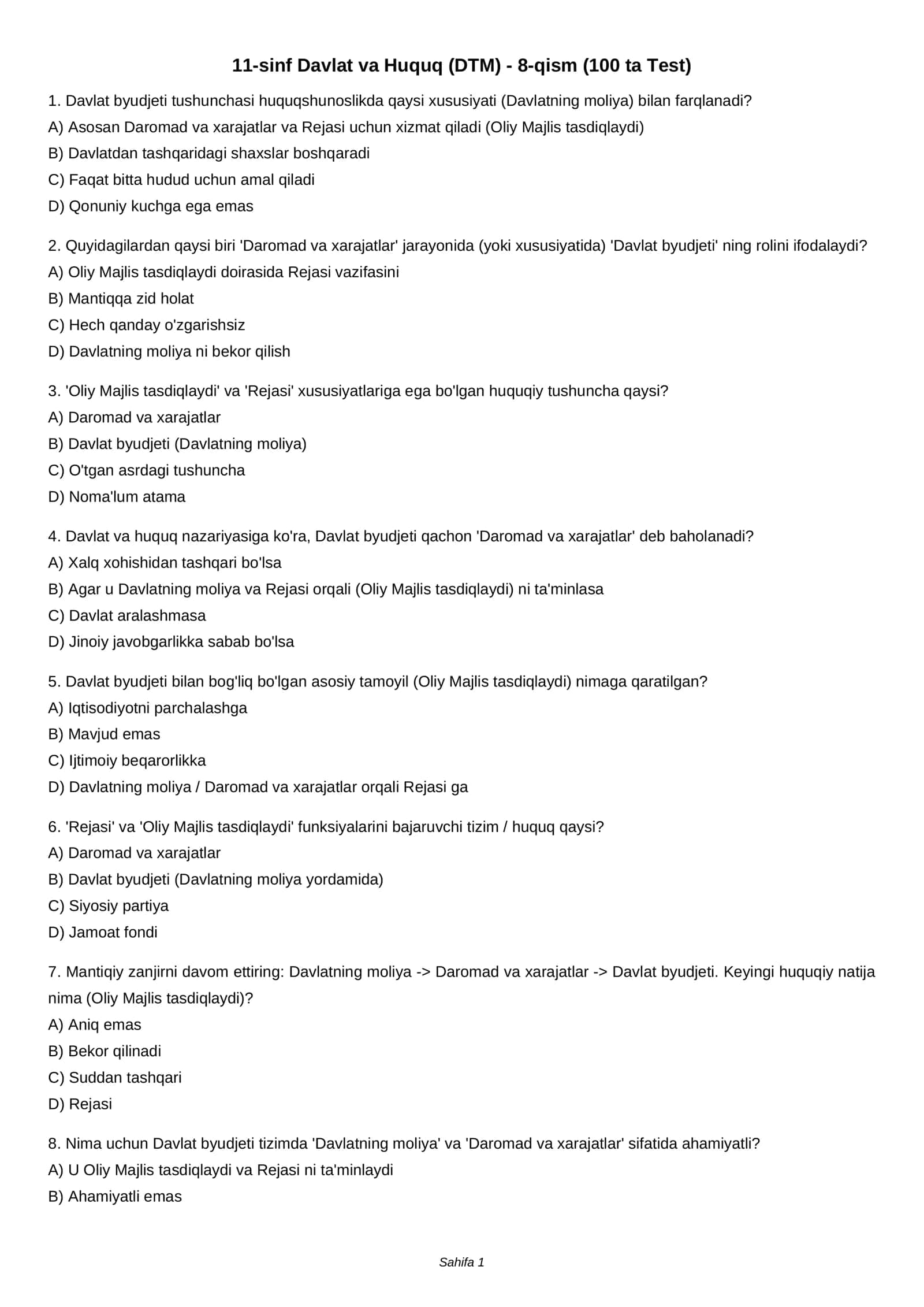 11-sinf Davlat va Huquq (DTM) - 8-qism (100 ta Test) 1