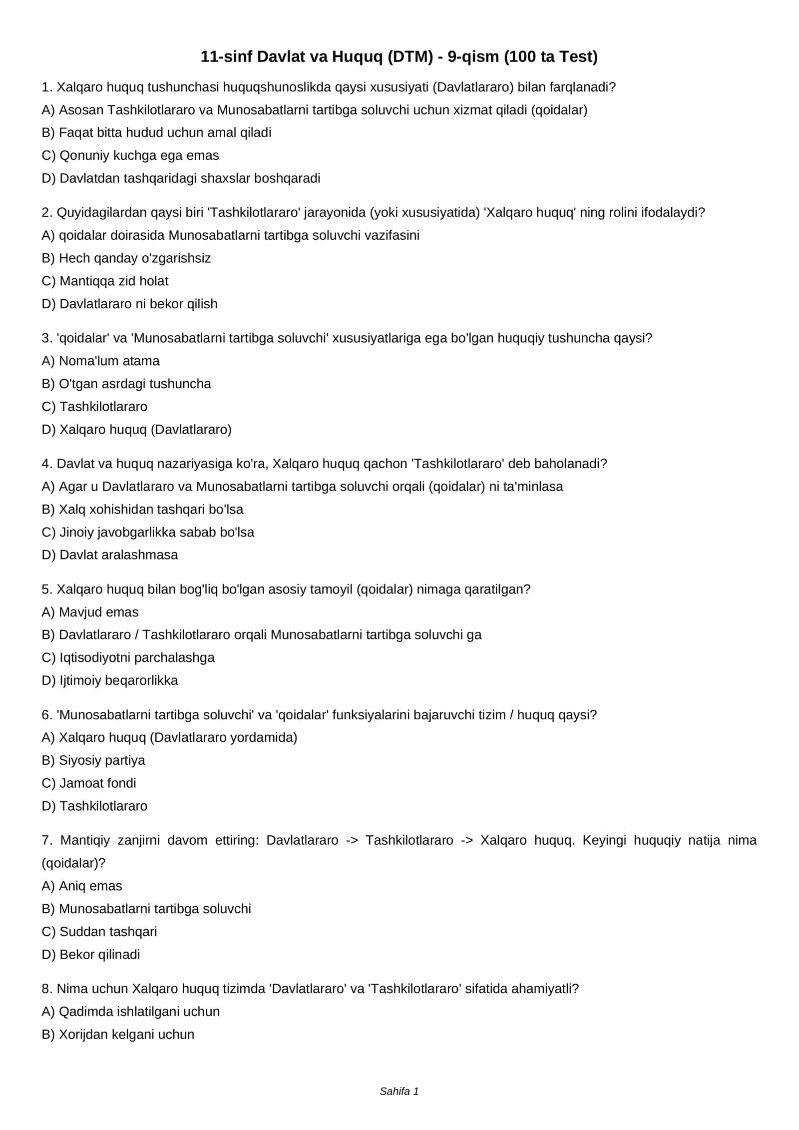 11-sinf Davlat va Huquq (DTM) - 9-qism (100 ta Test) 1