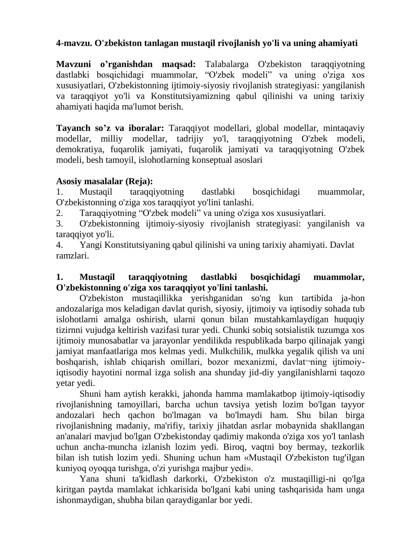 O'zbekiston tanlagan mustaqil rivojlanish yo'li va uning ahamiyati 1