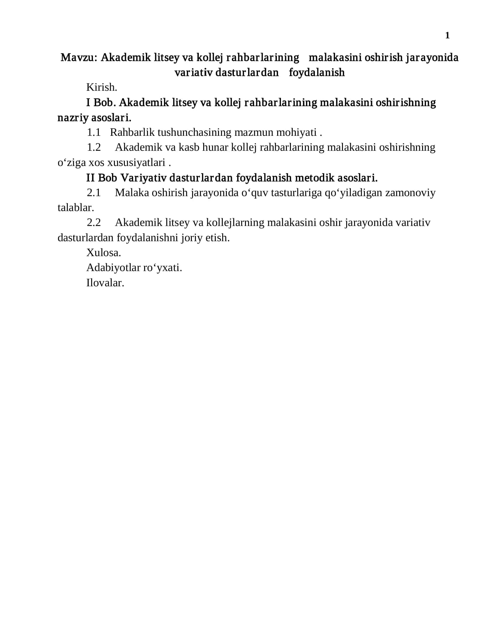 Akademik litsey va kollej rahbarlarining malakasini oshirish jarayonida variativ dasturlardan foydalanish 1