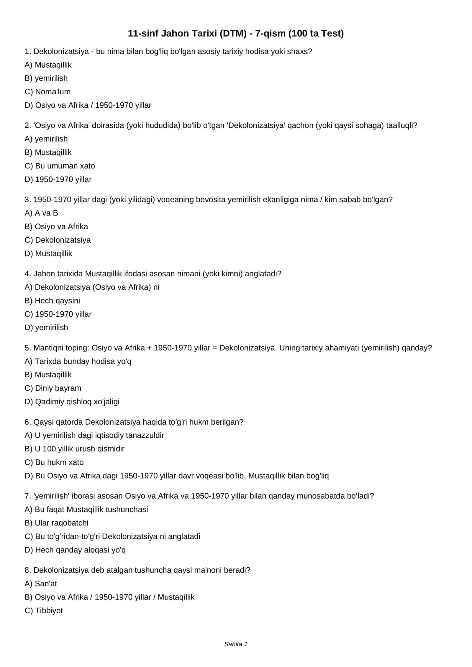 11-sinf Jahon Tarixi (DTM) - 7-qism (100 ta Test) 1
