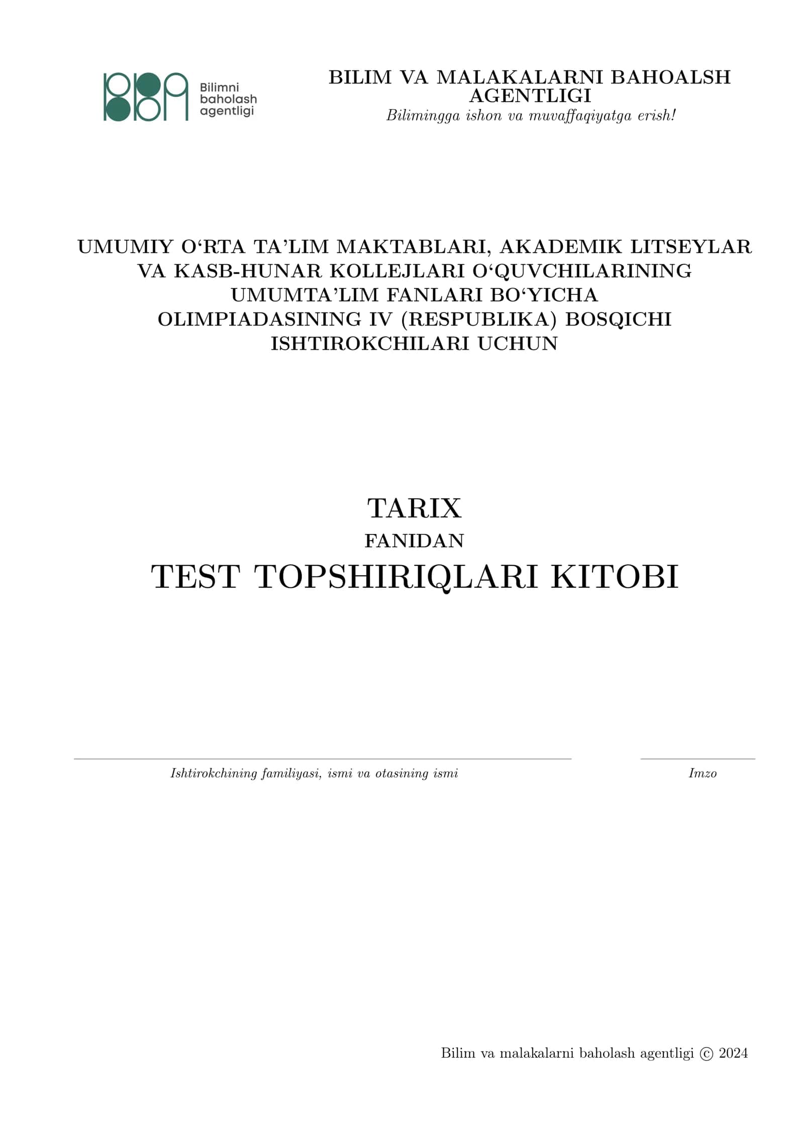 TARIX FANIDAN TEST TOPSHIRIQLARI KITOBI 1