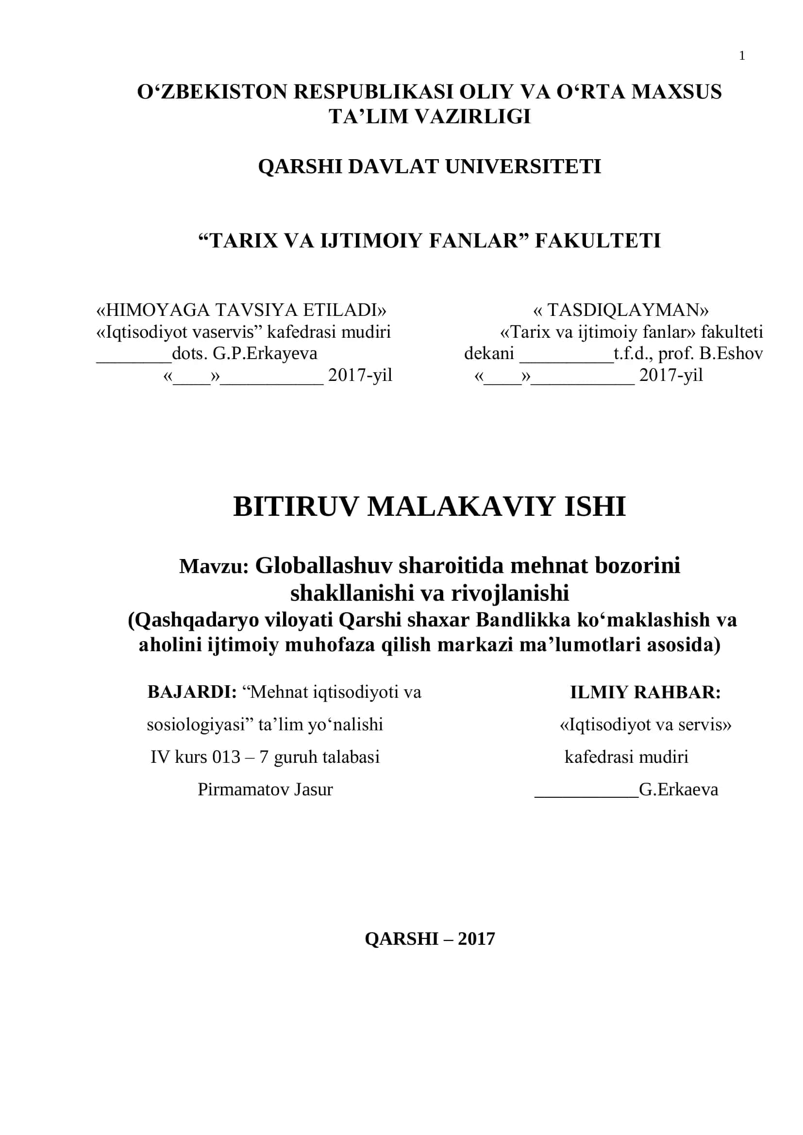 Globallashuv sharoitida mehnat bozorini shakllanishi va rivojlanishi 1