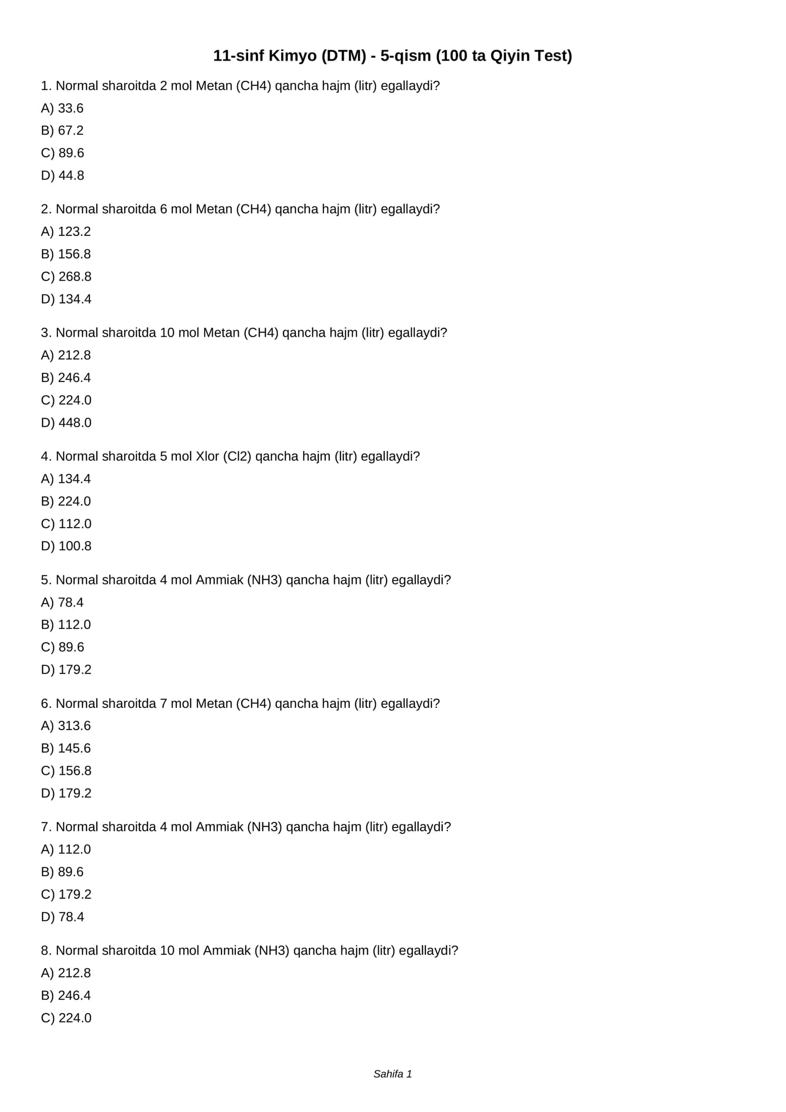 11-sinf Kimyo (DTM) - 5-qism (100 ta Qiyin Test) 1