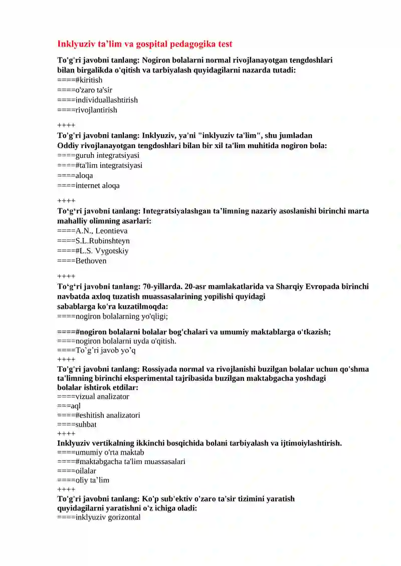 Inklyuziv ta‟lim va gospital pedagogika test