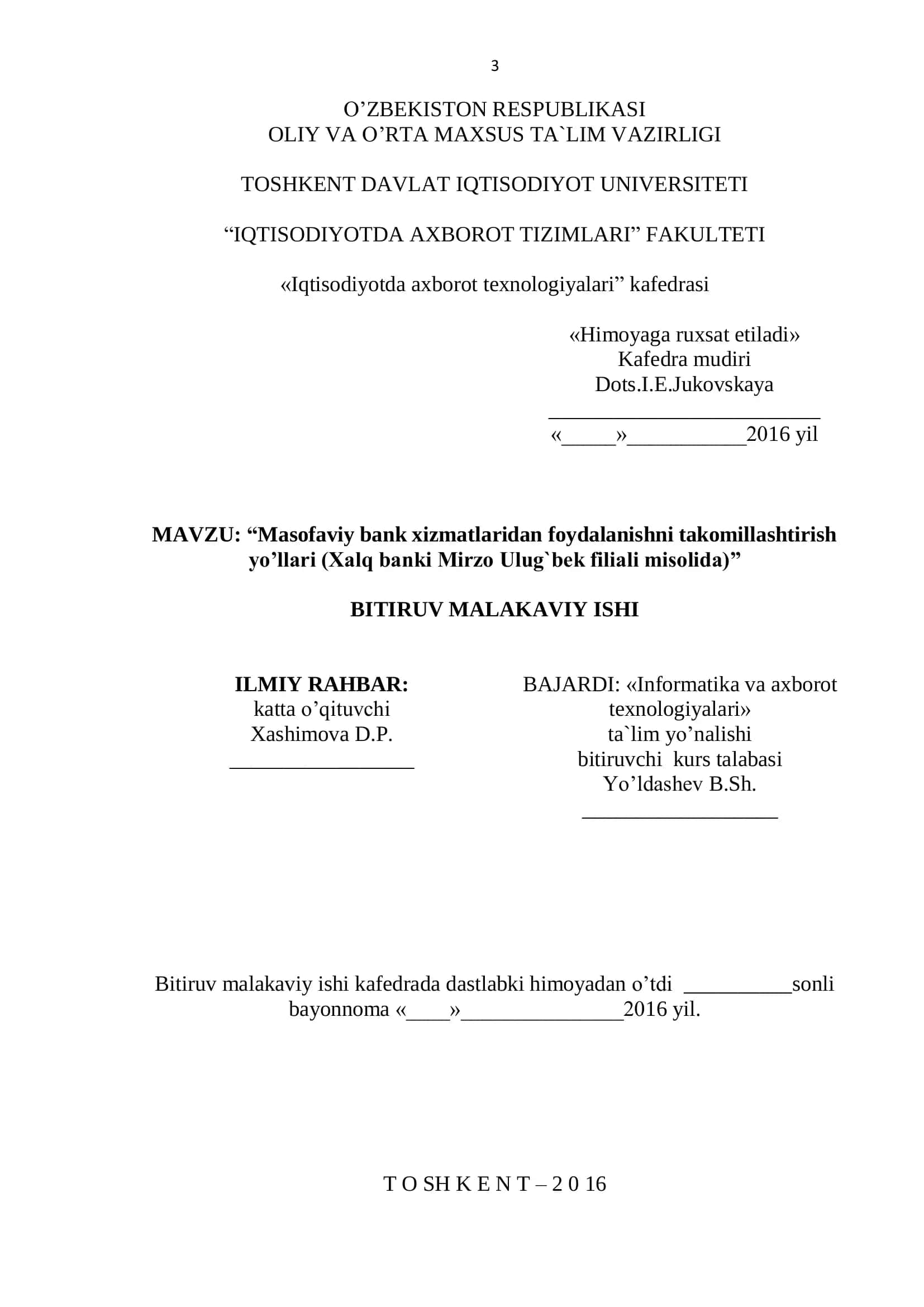 Masofaviy bank xizmatlaridan foydalanishni takomillashtirish yo’llari (Xalq banki Mirzo Ulug`bek filiali misolida) 1