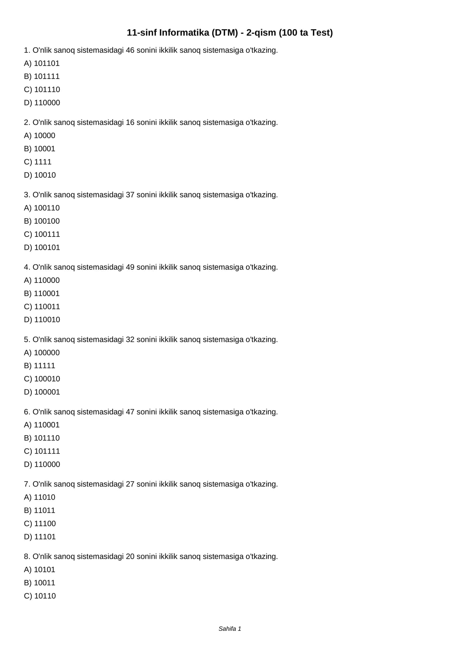 11-sinf Informatika (DTM) - 2-qism (100 ta Test) 1