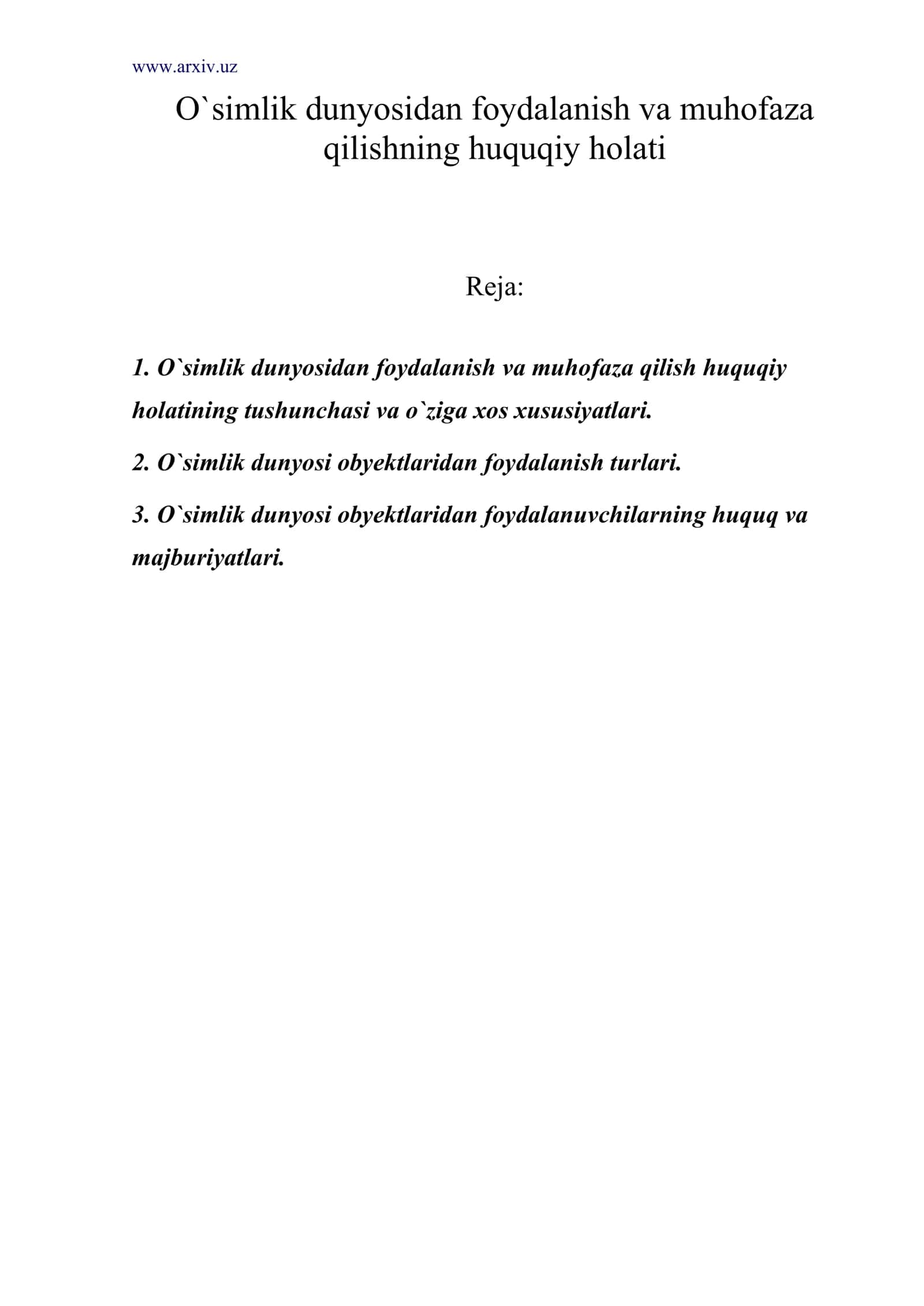 O`simlik dunyosidan foydalanish va muhofaza qilishning huquqiy holati 1