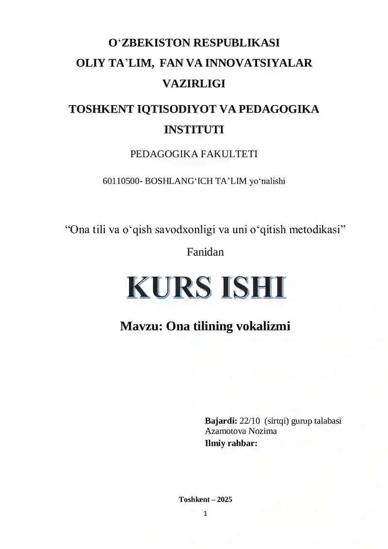 Ona tili va oʻqish savodxonligi va uni oʻqitish metodikasi