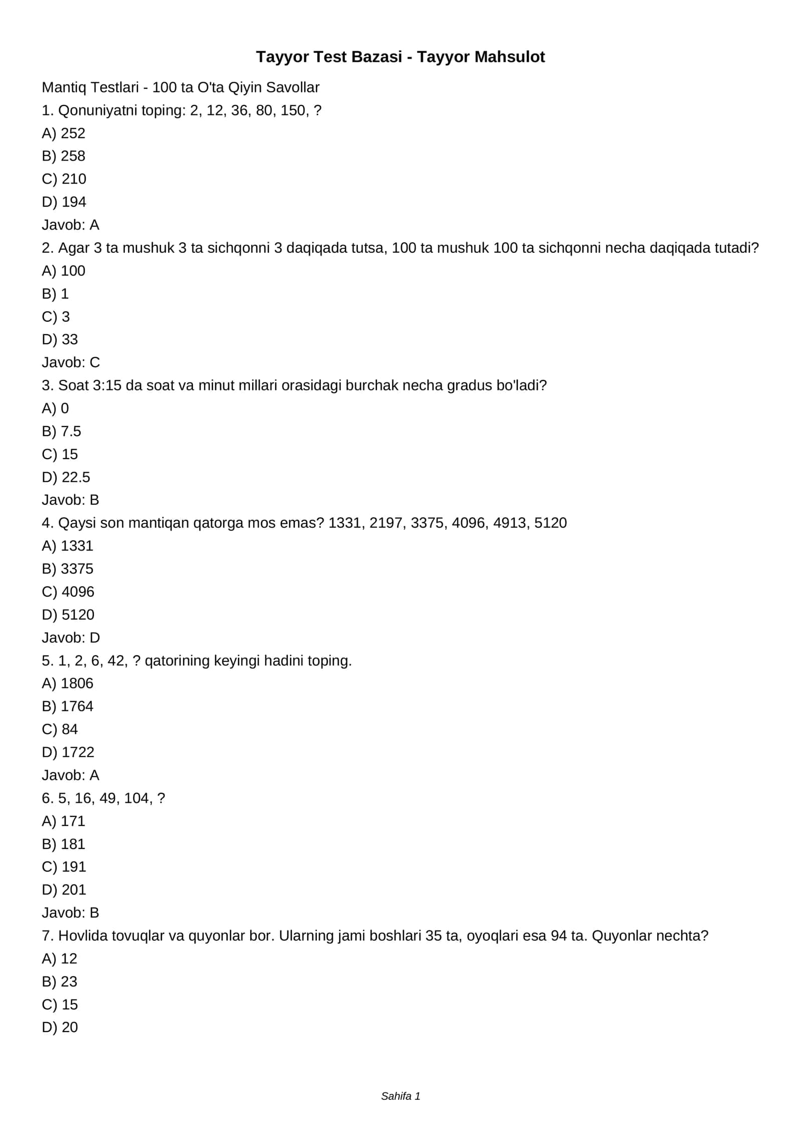 Mantiq Testlari - 100 ta O'ta Qiyin Savollar 1
