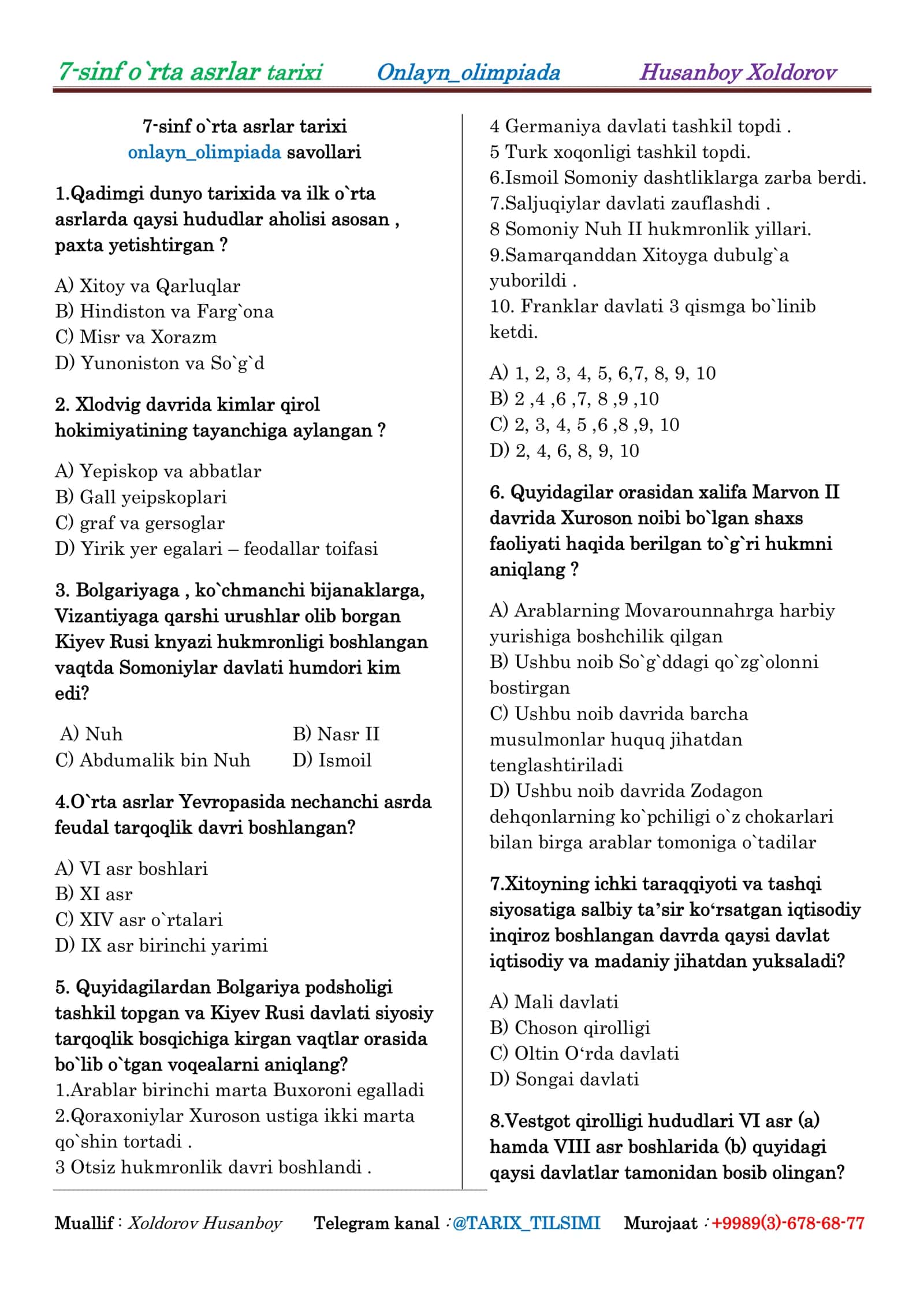 7-sinf o`rta asrlar tarixi Onlayn_olimpiada 1