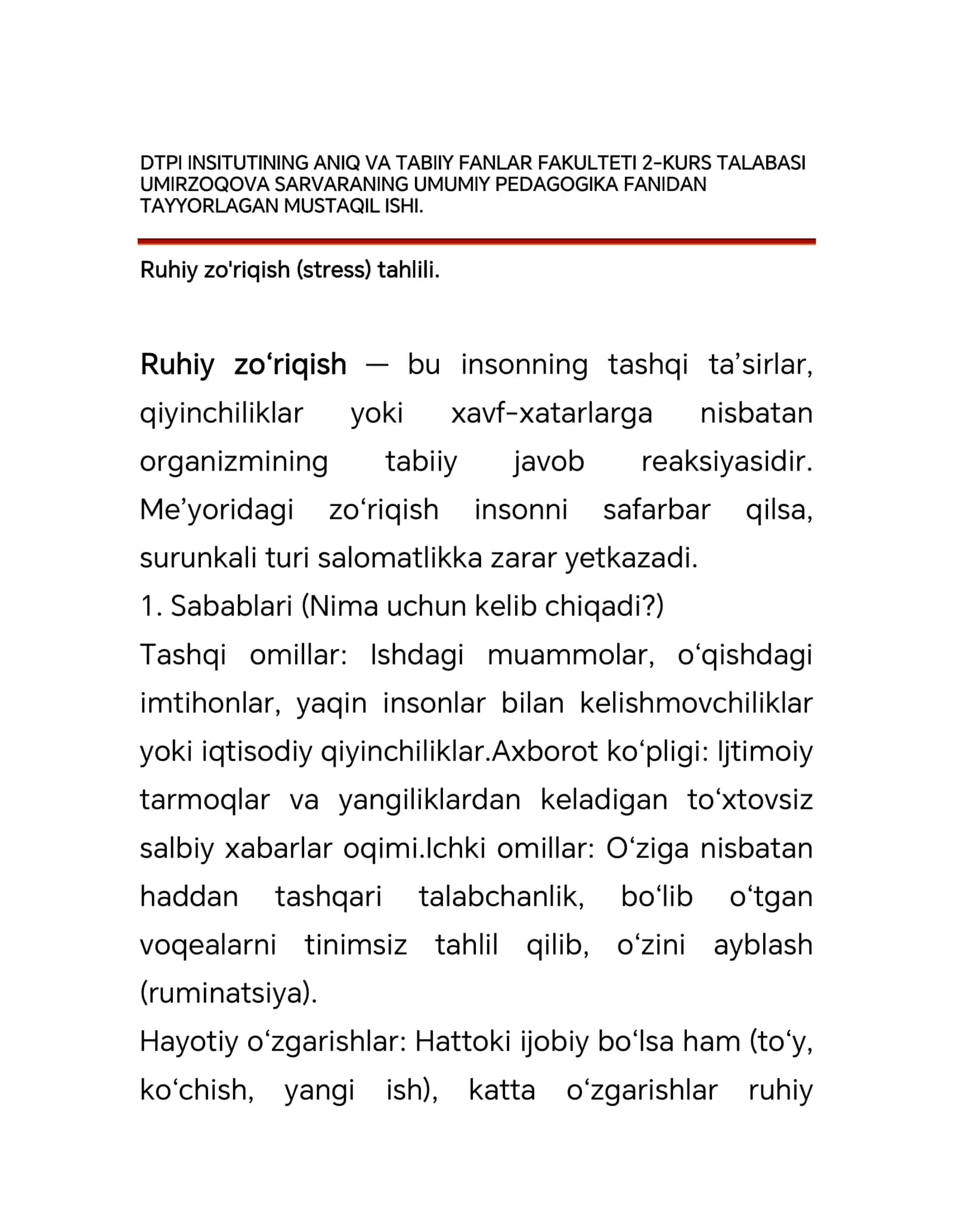 MUSTAQIL ISHI Ruhiy zo' riqish(stress)tahlili 1