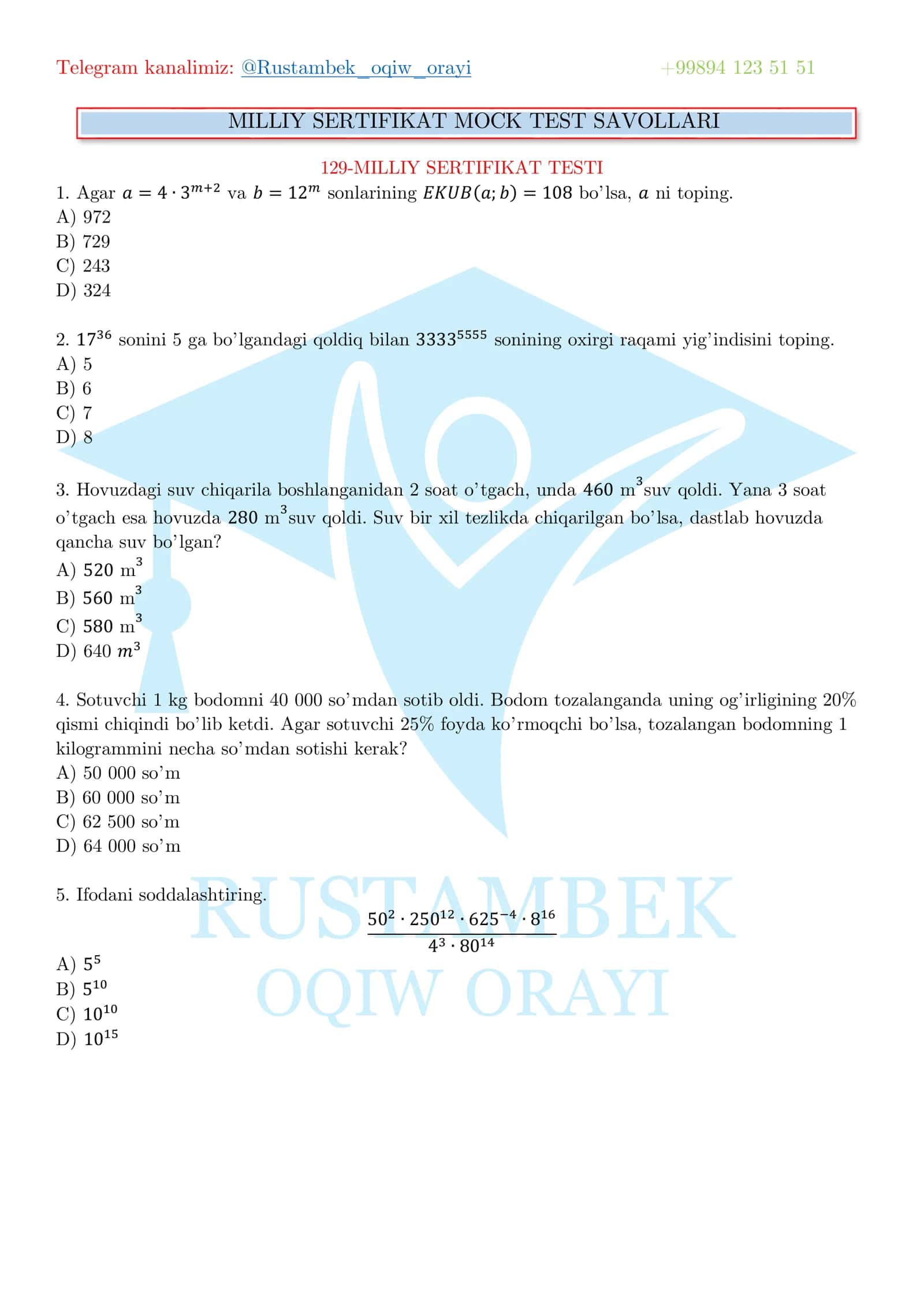 MILLIY SERTIFIKAT MOCK TEST SAVOLLARI 1