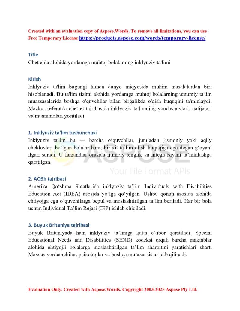 Chet elda alohida yordamga muhtoj bolalarning inklyuziv ta'limi 1