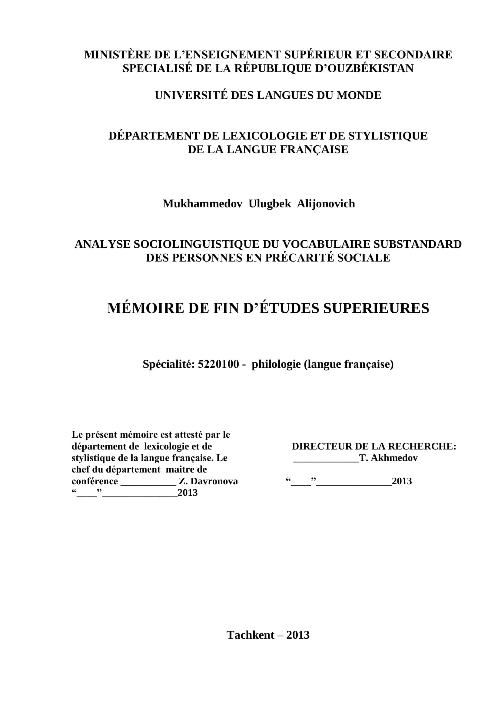 ANALYSE SOCIOLINGUISTIQUE DU VOCABULAIRE SUBSTANDARD DES PERSONNES EN PRÉCARITÉ SOCIALE 1
