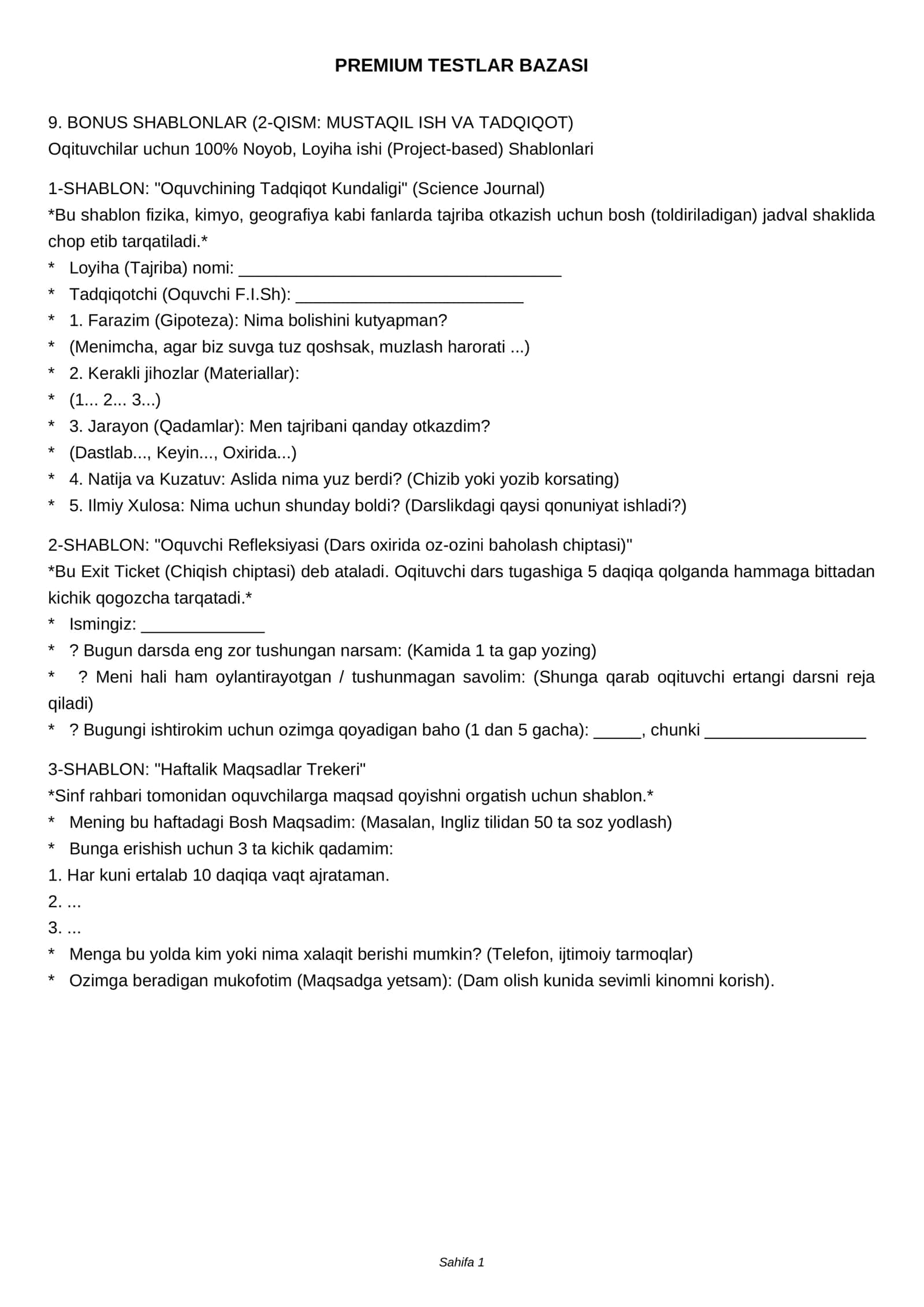 BONUS SHABLONLAR (9 QISM: MUSTAQIL ISH VA TADQIQOT) 1