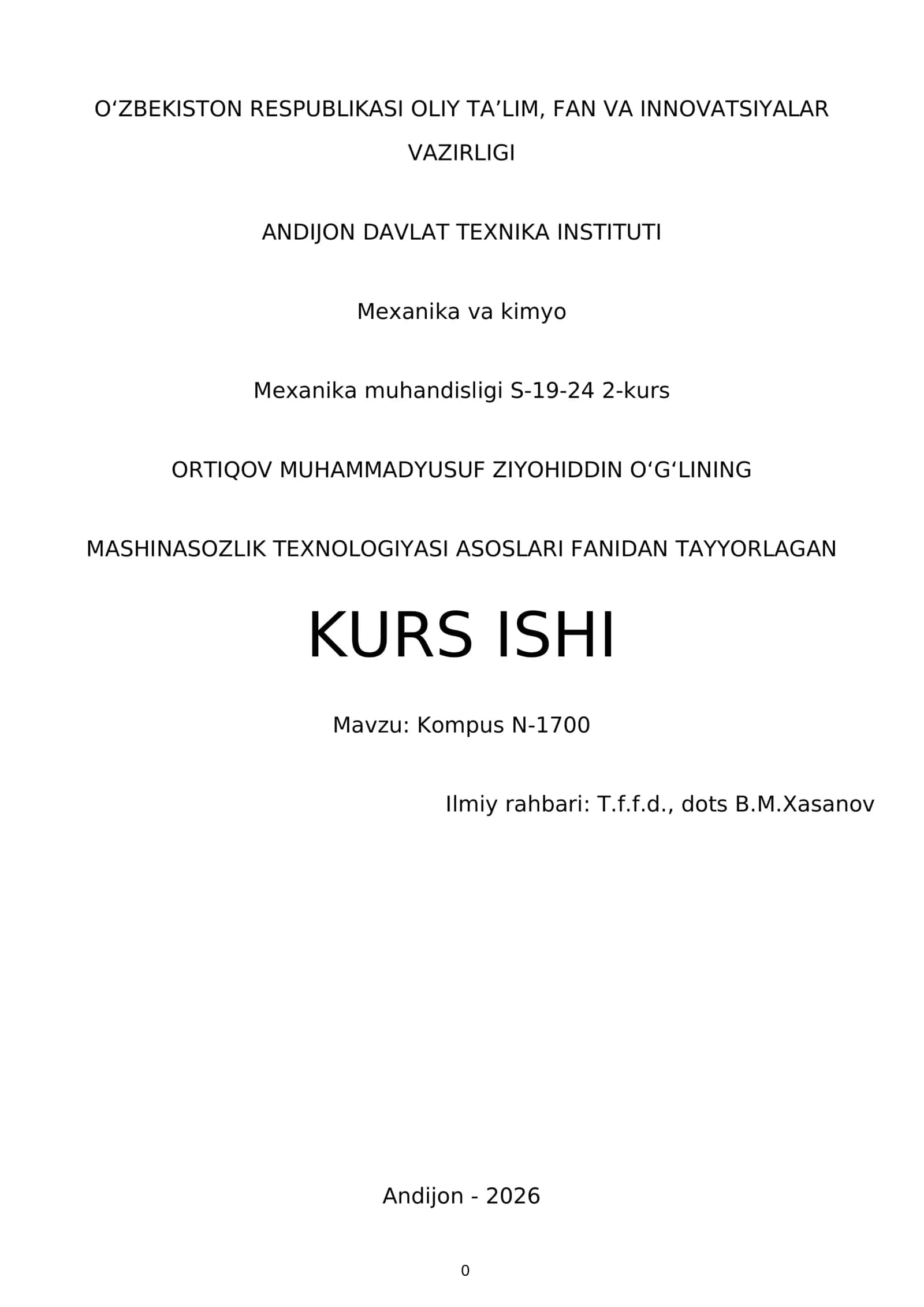 Mashinasozlik Texnologiyasi Asoslari Fanidan Tayyorlagan Kurs Ishi 1