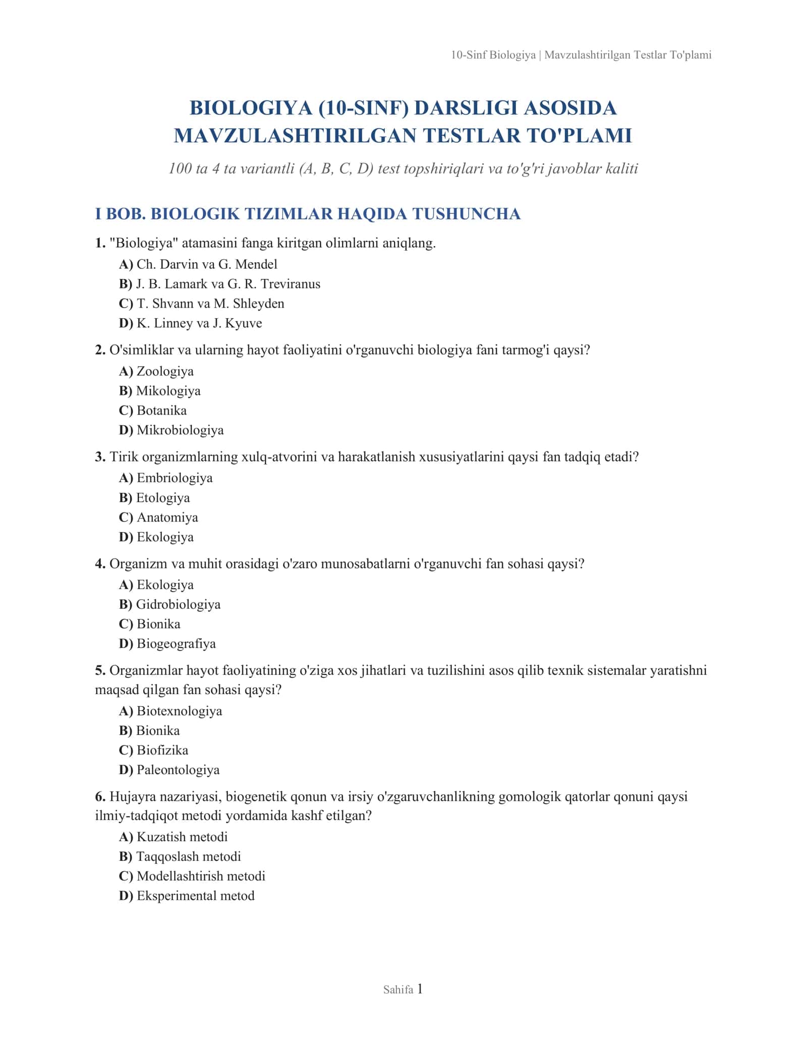 BIOLOGIYA (10-SINF) DARSLIGI ASOSIDA 1