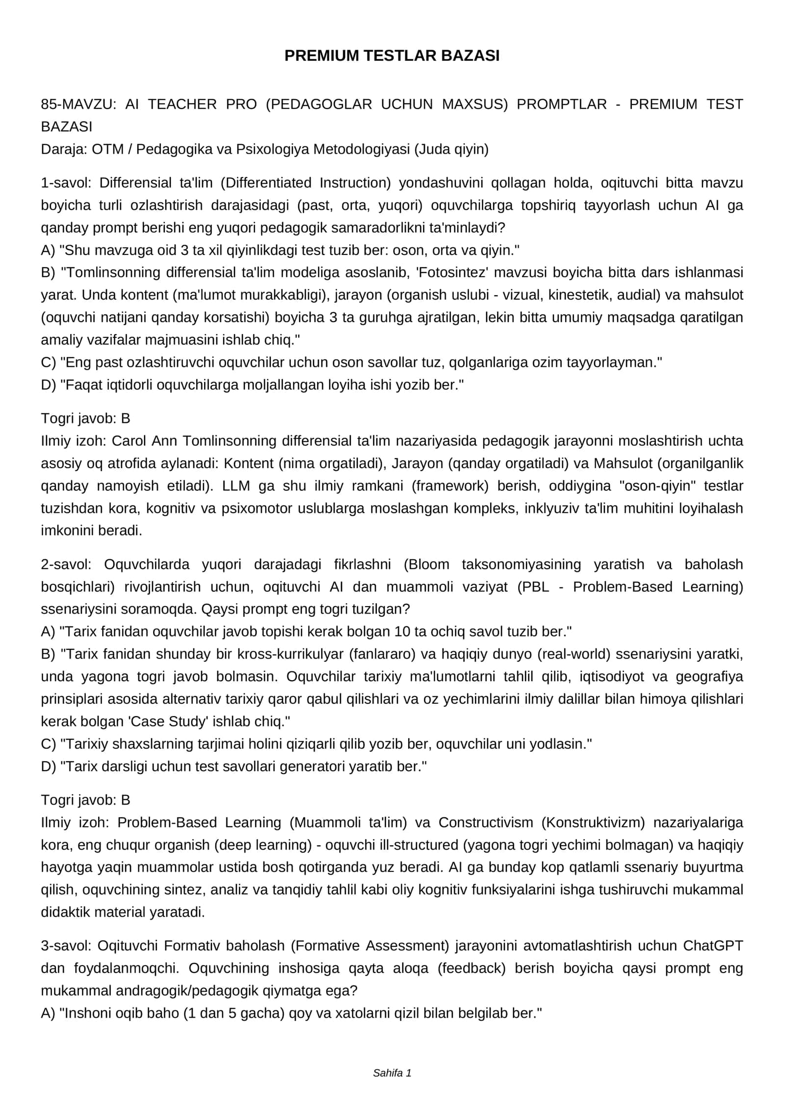 MAVZU: AI TEACHER PRO (PEDAGOGLAR UCHUN MAXSUS) PROMPTLAR - PREMIUM TEST BAZASI 1