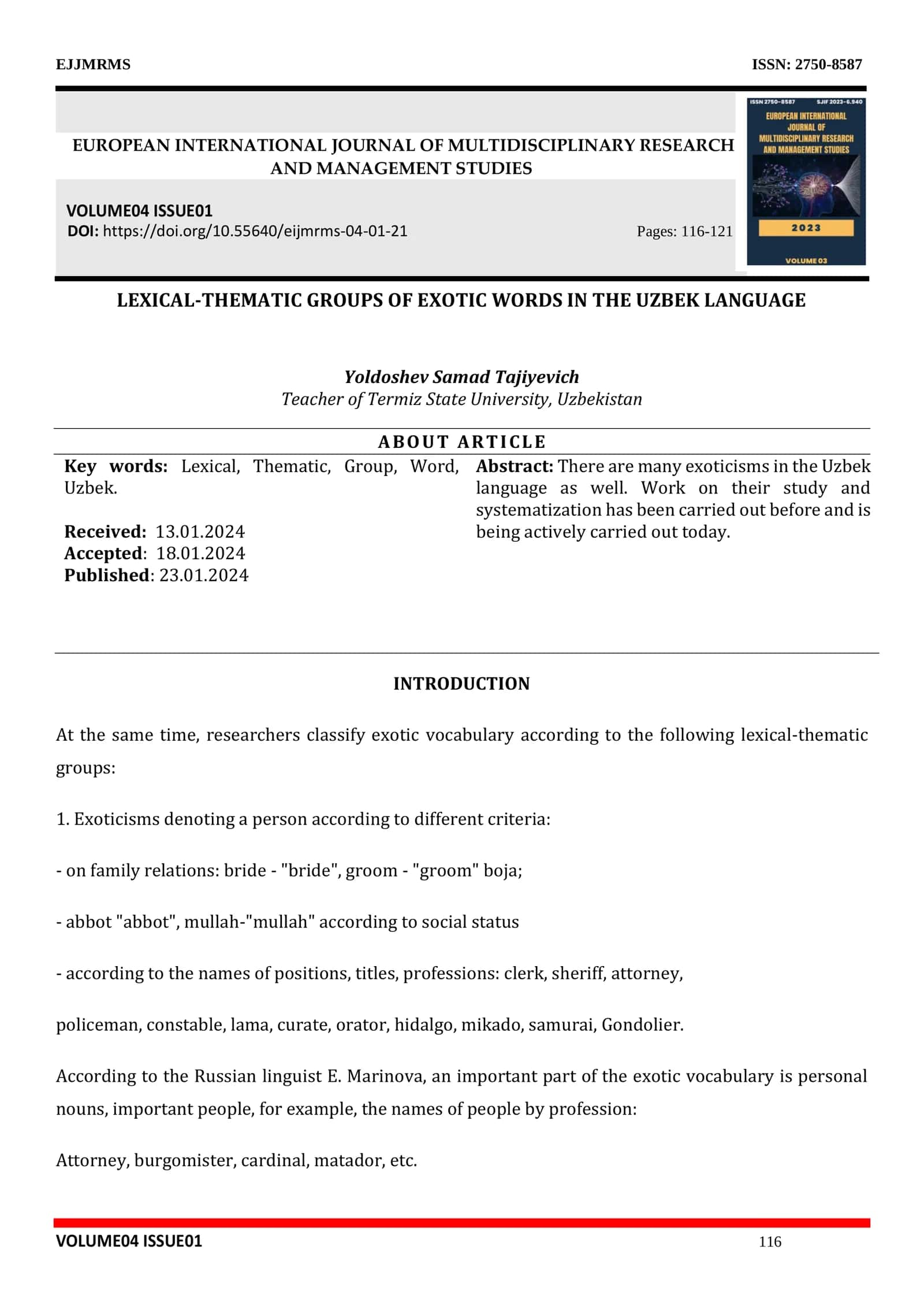 Lexical-Thematic Groups of Exotic Words in the Uzbek Language 1