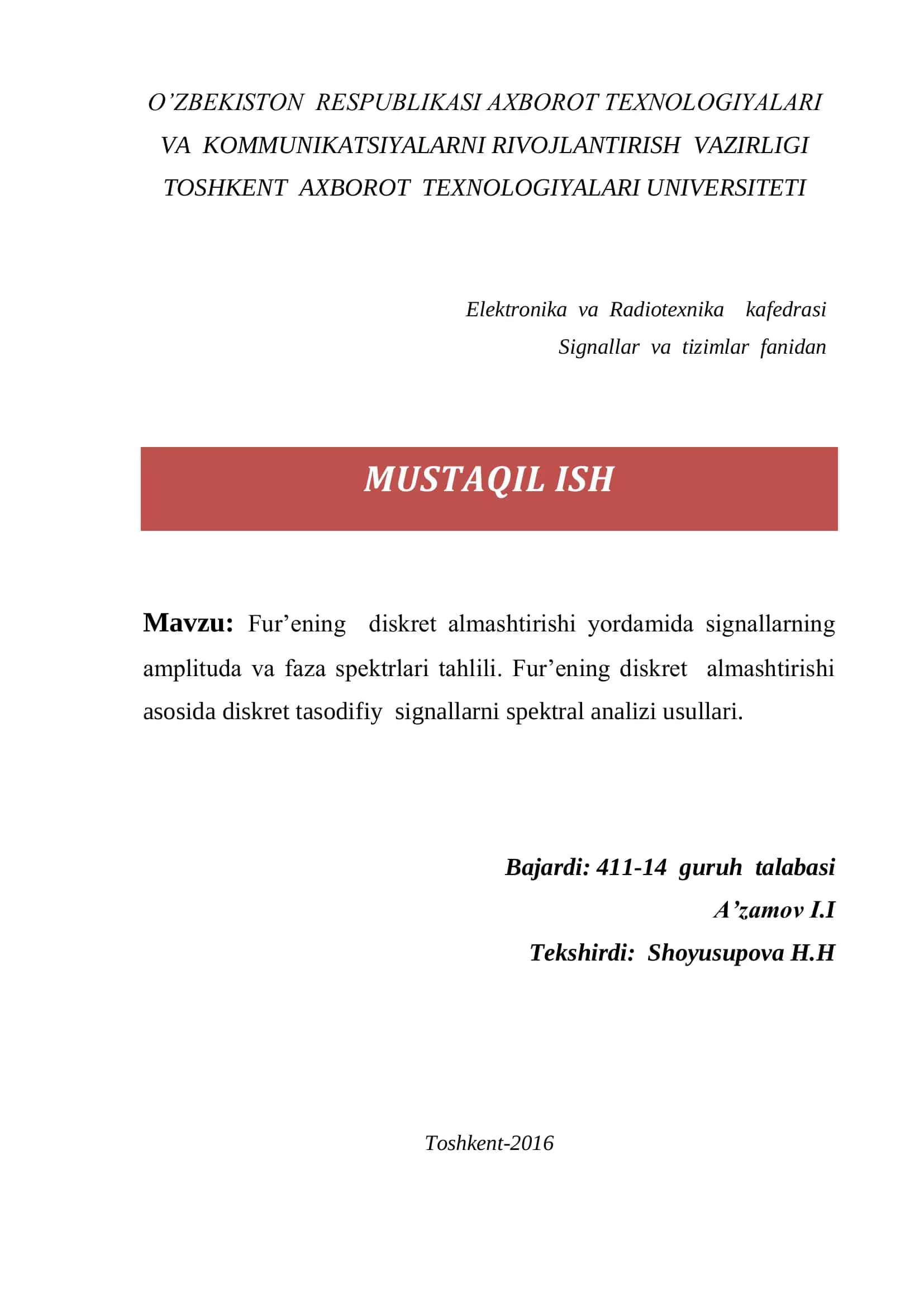 Fur’ening diskret almashtirishi yordamida signallarning amplituda va faza spektrlari tahlili 1