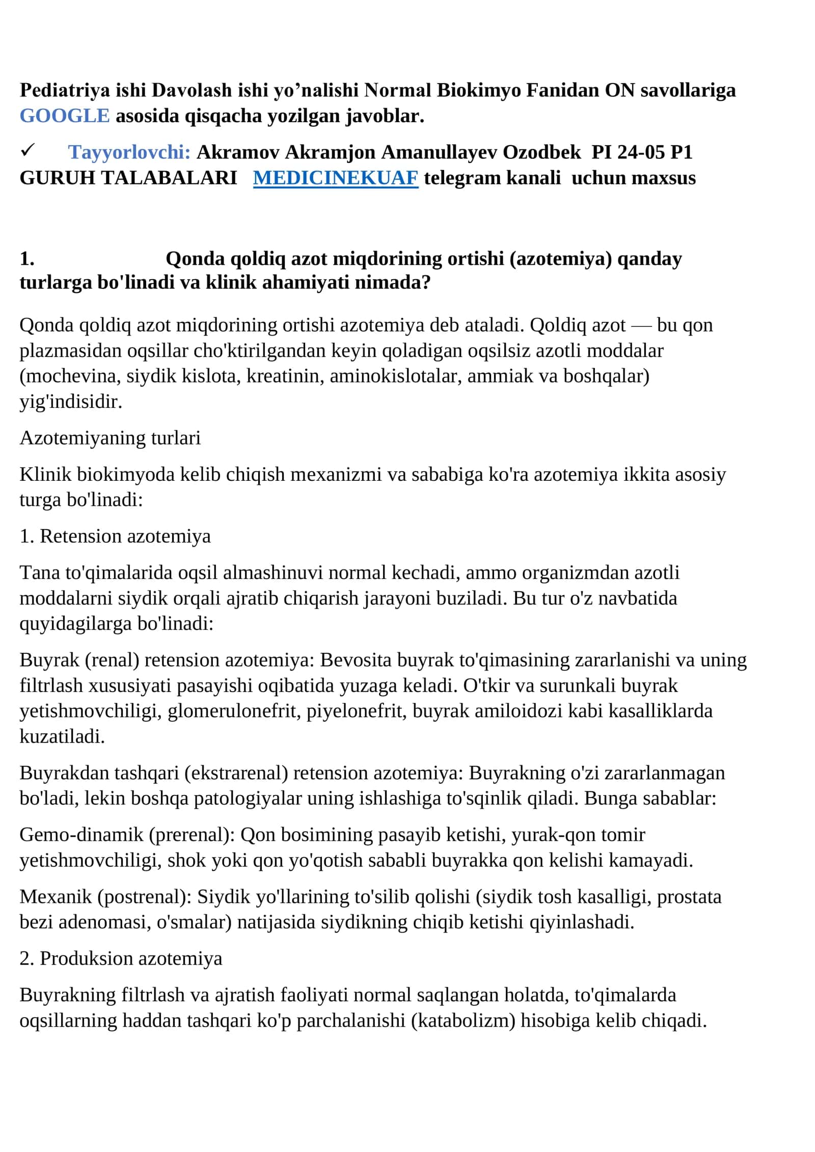 Pediatriya ishi Davolash ishi yo’nalishi Normal Biokimyo Fanidan ON savollariga GOOGLE asosida qisqacha yozilgan javoblar 1
