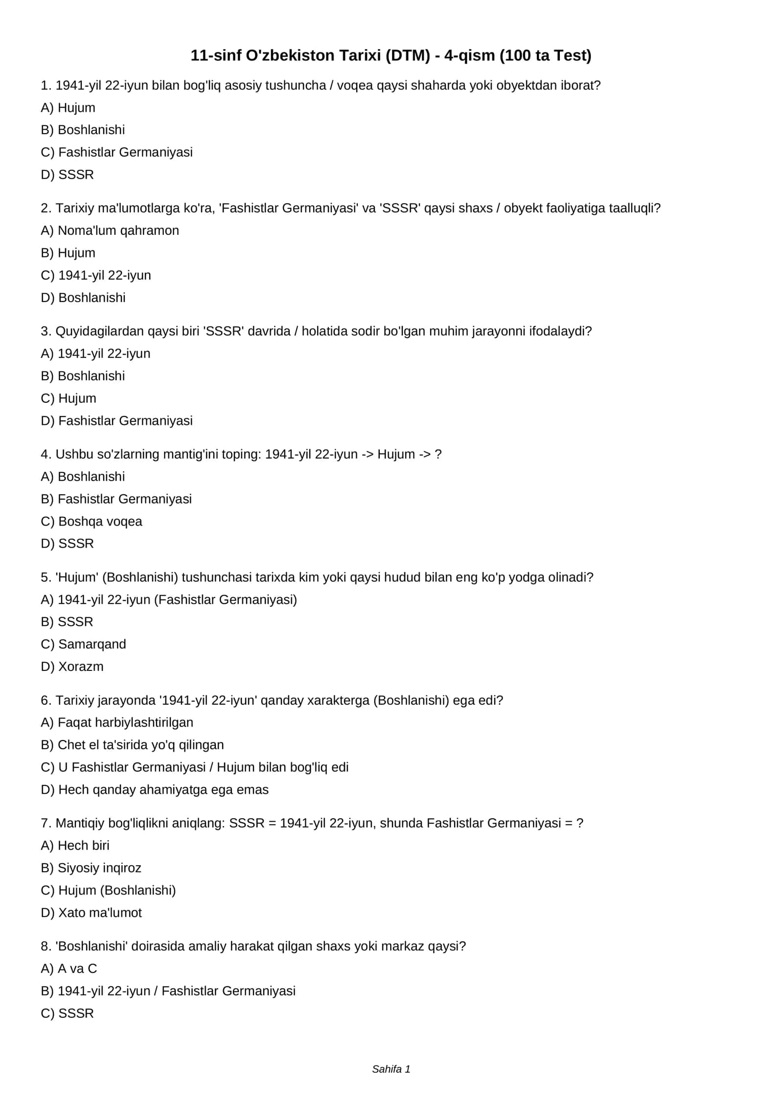 11-sinf O'zbekiston Tarixi (DTM) - 4-qism (100 ta Test) 1